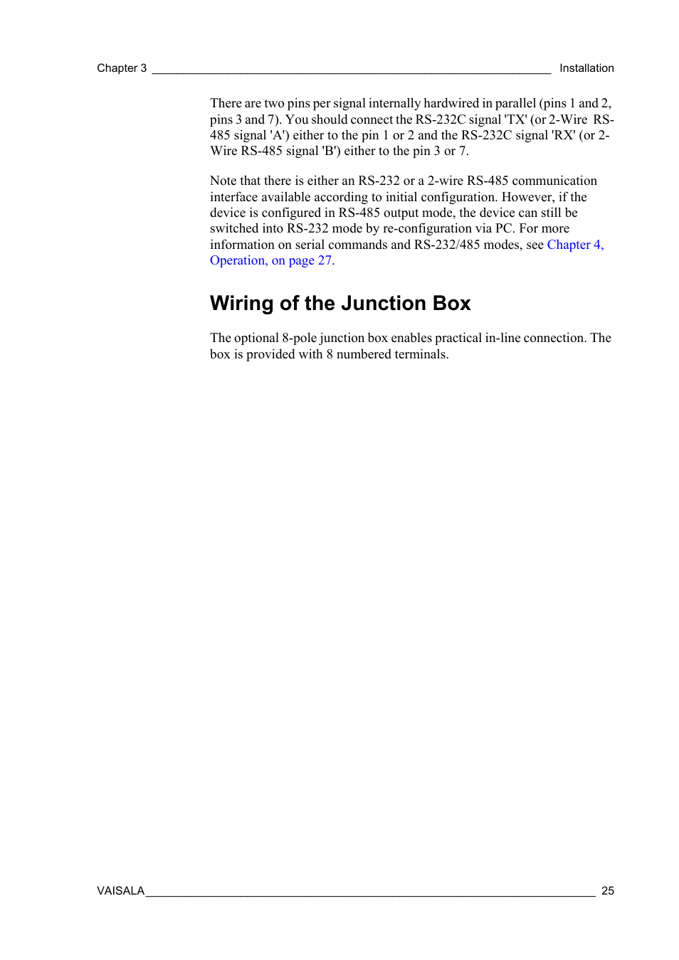 Wiring of the junction box | Vaisala GMP343 User Manual | Page 27 / 94