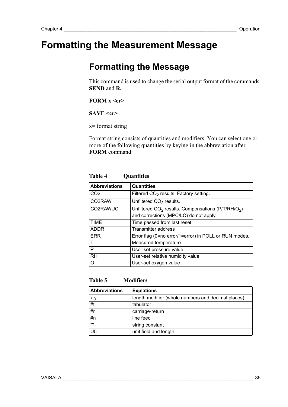 Formatting the measurement message, Formatting the message, Table 4 | Quantities, Table 5, Modifiers | Vaisala GMP343 User Manual | Page 37 / 94