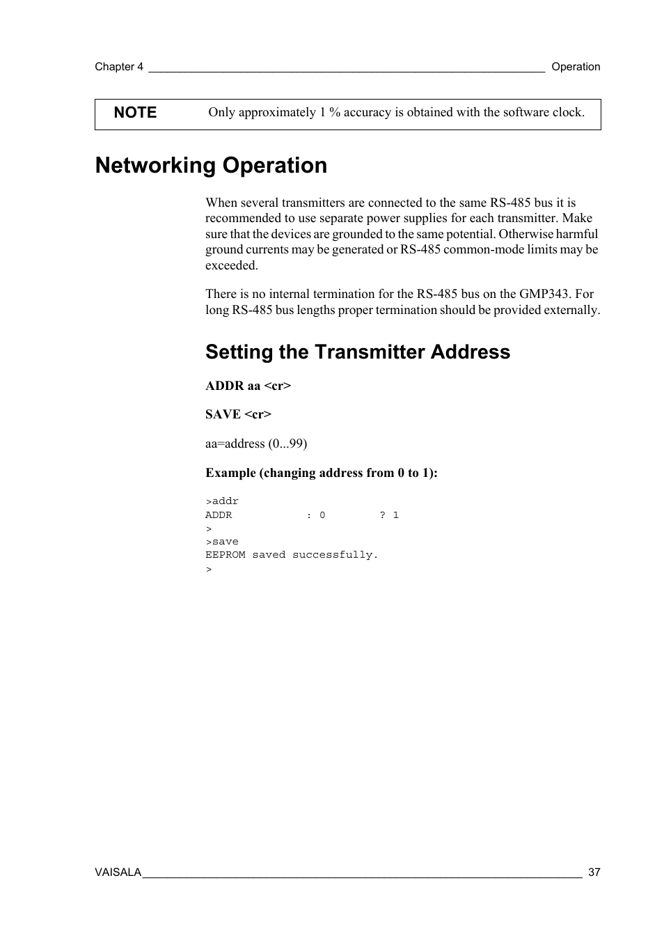 Networking operation, Setting the transmitter address | Vaisala GMP343 User Manual | Page 39 / 94