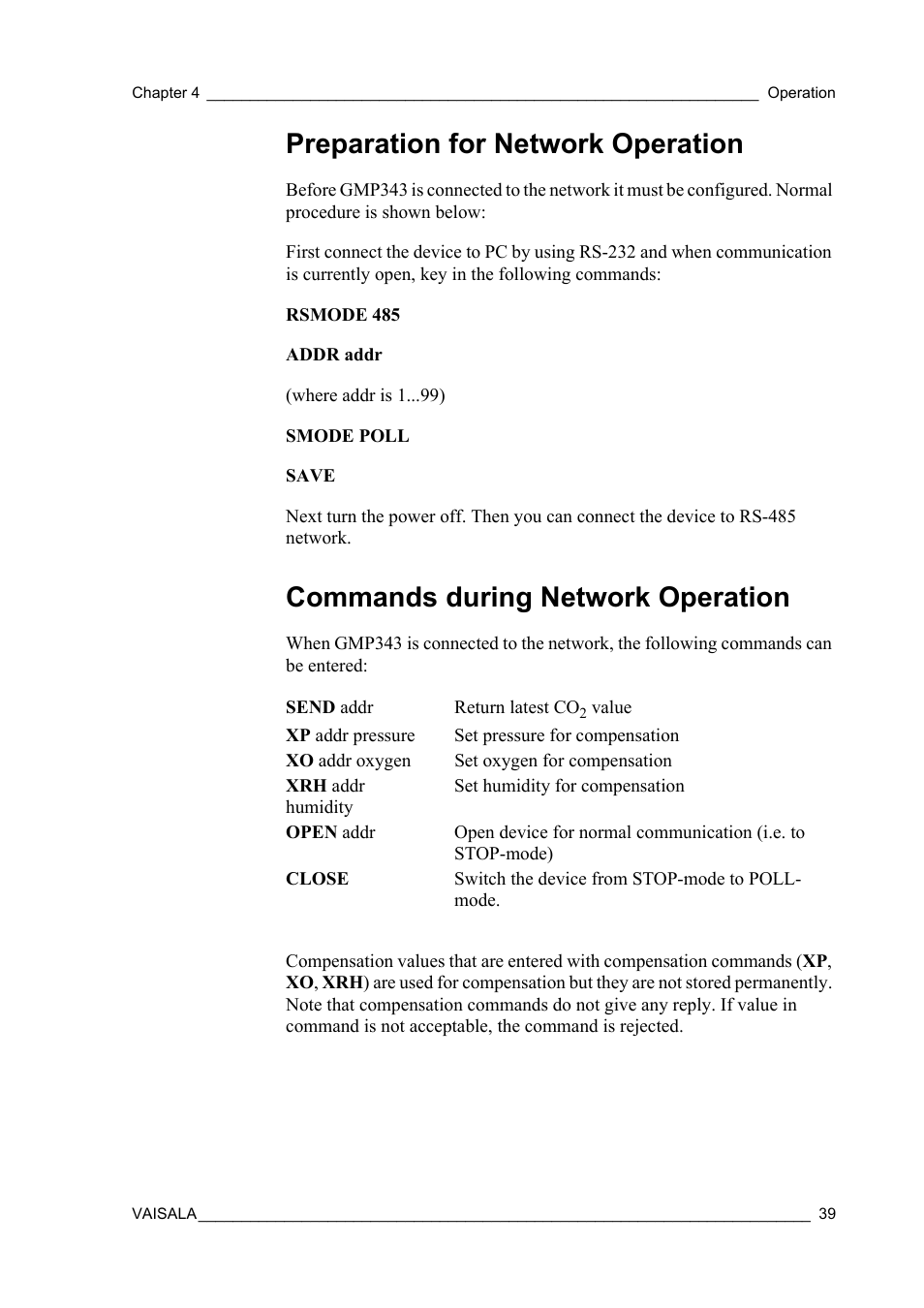 Preparation for network operation, Commands during network operation | Vaisala GMP343 User Manual | Page 41 / 94