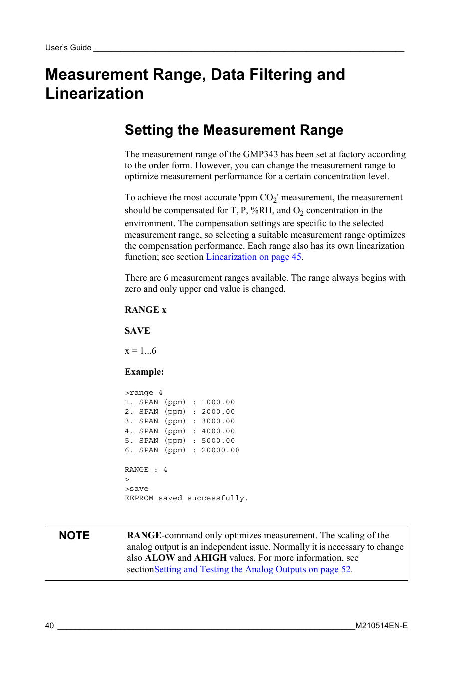 Setting the measurement range, Sections | Vaisala GMP343 User Manual | Page 42 / 94