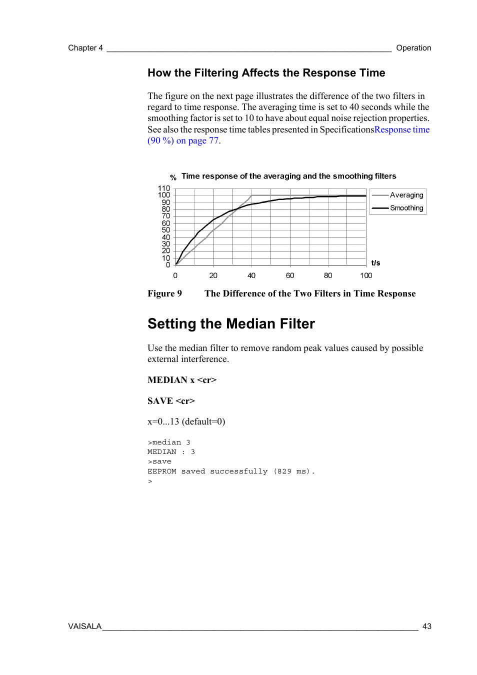 How the filtering affects the response time, Setting the median filter, Figure 9 | The difference of the two filters in time response | Vaisala GMP343 User Manual | Page 45 / 94