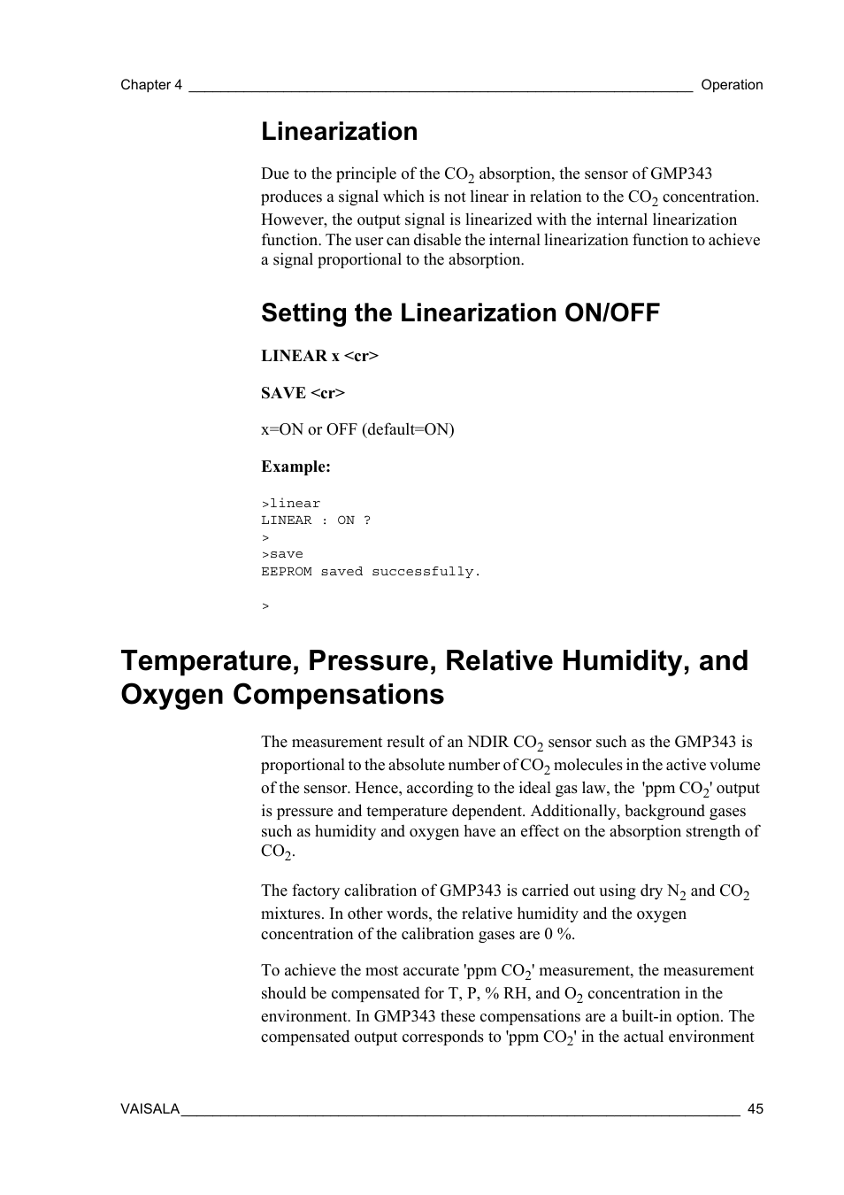 Linearization, Setting the linearization on/off, Linearization setting the linearization on/off | Temperature | Vaisala GMP343 User Manual | Page 47 / 94