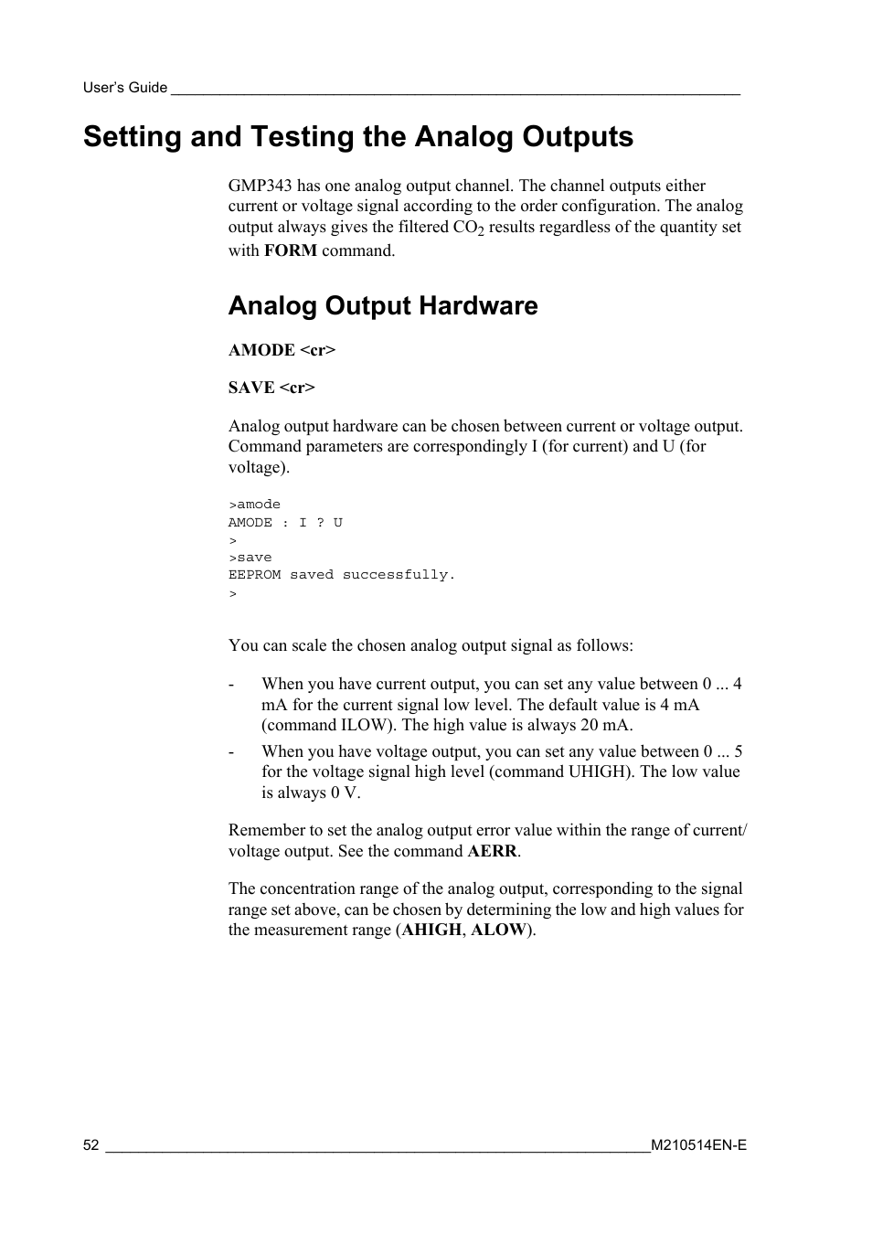 Setting and testing the analog outputs, Analog output hardware | Vaisala GMP343 User Manual | Page 54 / 94