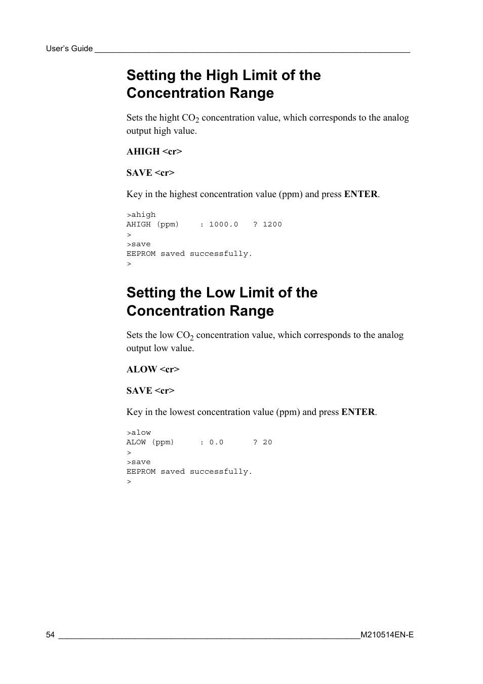 Setting the high limit of the concentration range, Setting the low limit of the concentration range | Vaisala GMP343 User Manual | Page 56 / 94