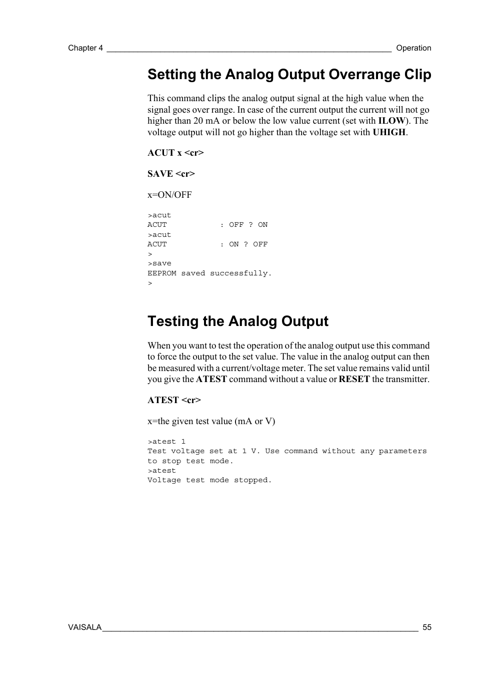 Setting the analog output overrange clip, Testing the analog output | Vaisala GMP343 User Manual | Page 57 / 94