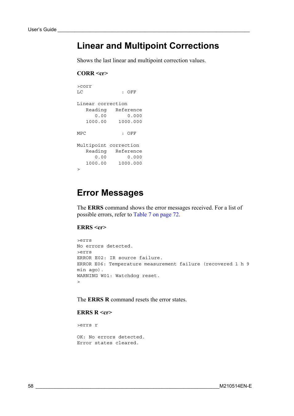 Linear and multipoint corrections, Error messages, Linear and multipoint corrections error messages | Vaisala GMP343 User Manual | Page 60 / 94