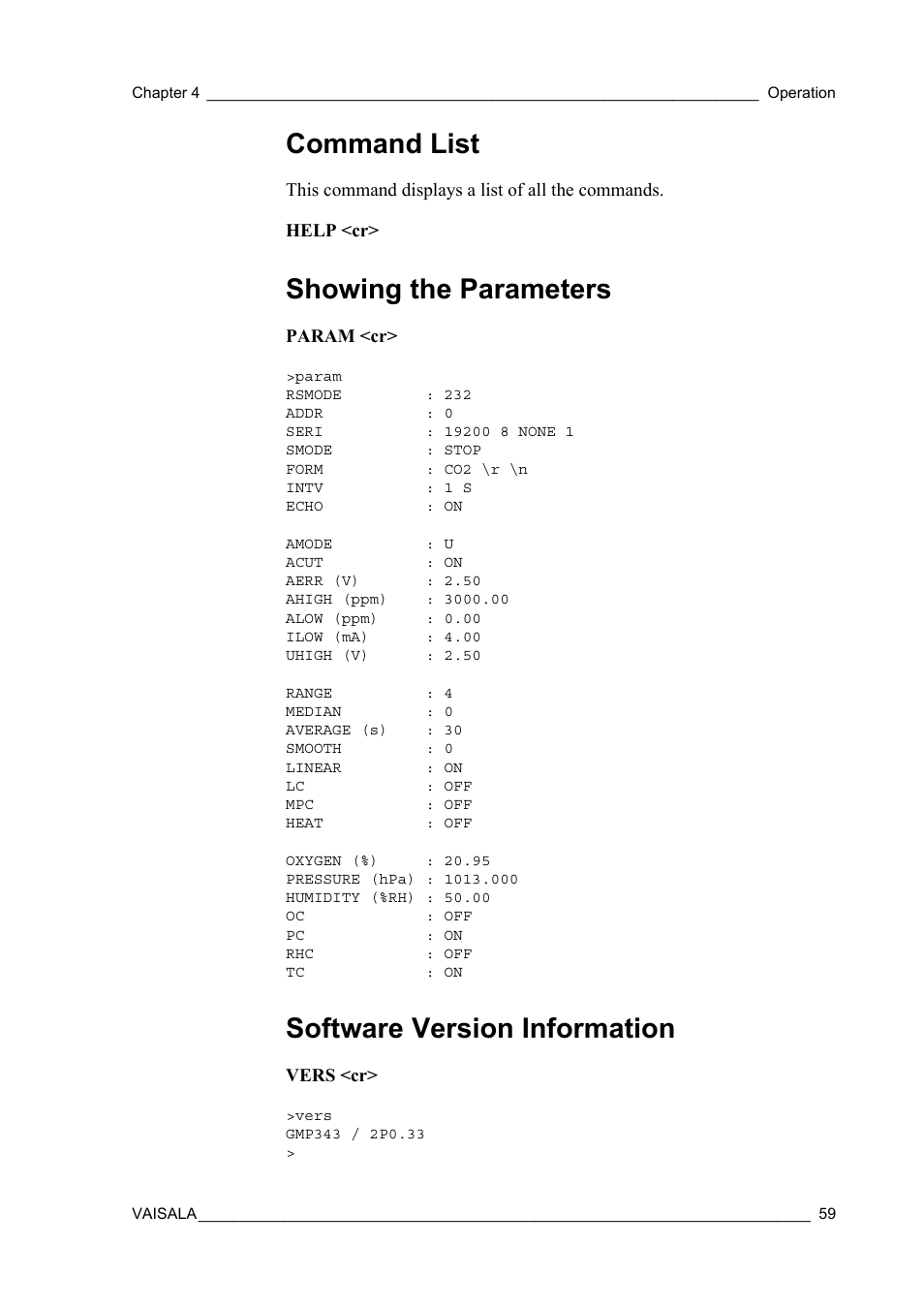 Command list, Showing the parameters, Software version information | Vaisala GMP343 User Manual | Page 61 / 94