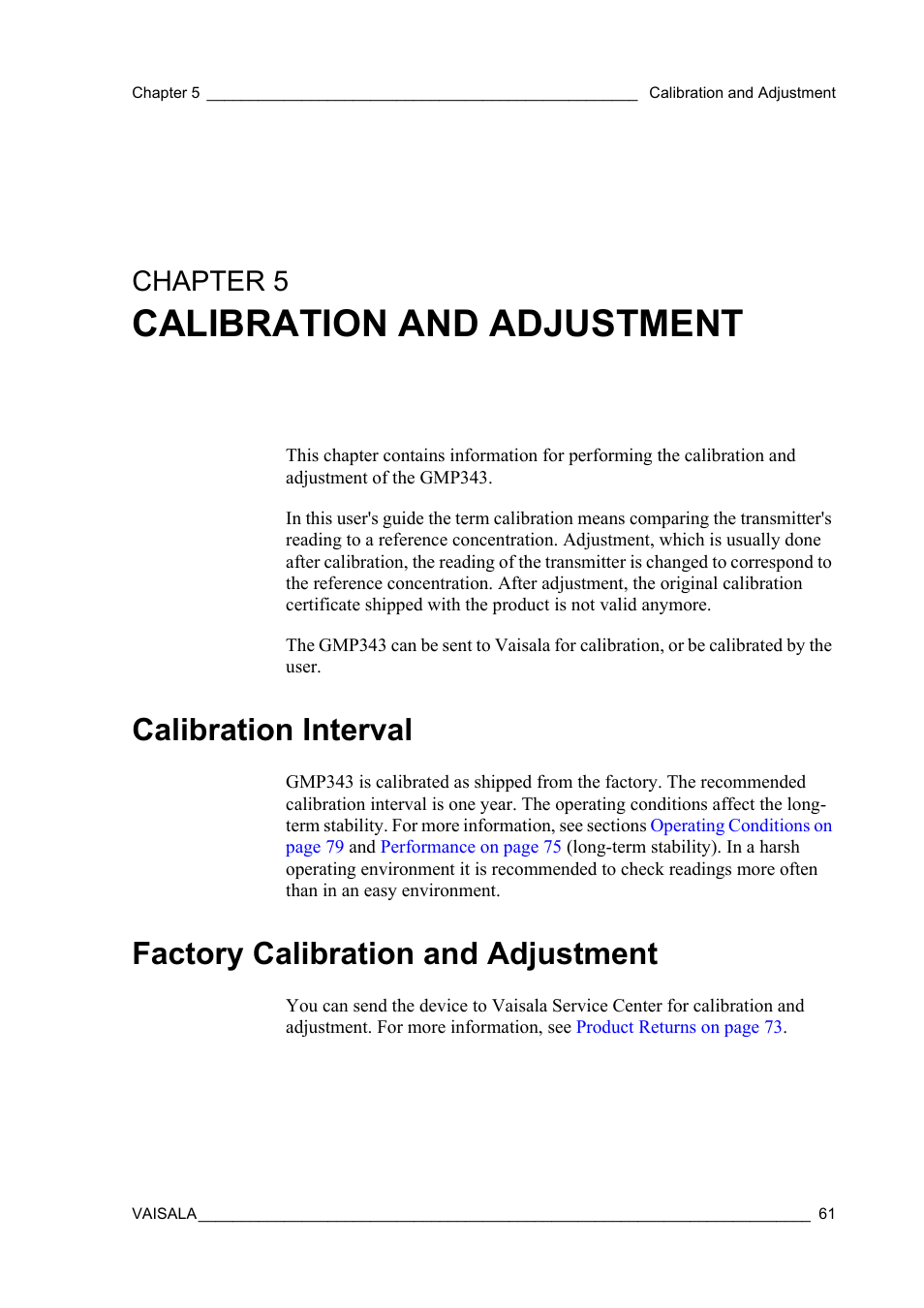 Chapter 5 calibration and adjustment, Calibration interval, Factory calibration and adjustment | Chapter 5, Calibration and adjustment | Vaisala GMP343 User Manual | Page 63 / 94