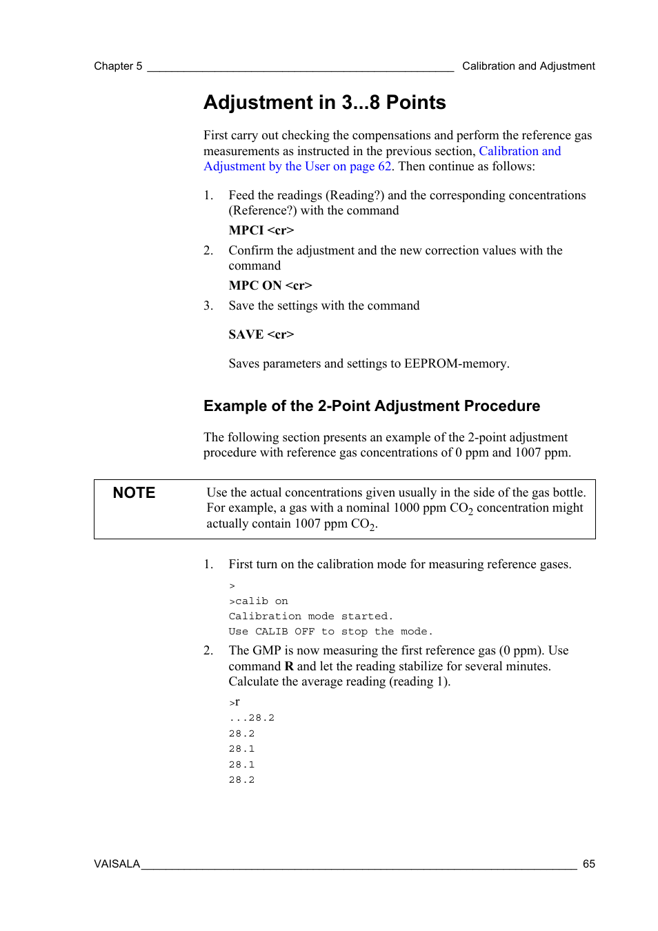 Adjustment in 3 points, Example of the 2-point adjustment procedure | Vaisala GMP343 User Manual | Page 67 / 94