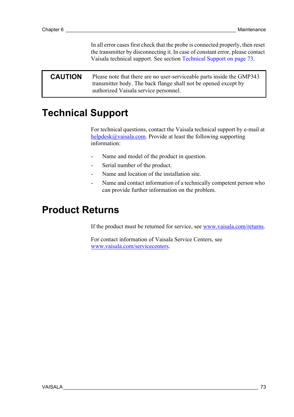 Technical support, Product returns, Technical support product returns | Adjustment. for more information, see | Vaisala GMP343 User Manual | Page 75 / 94