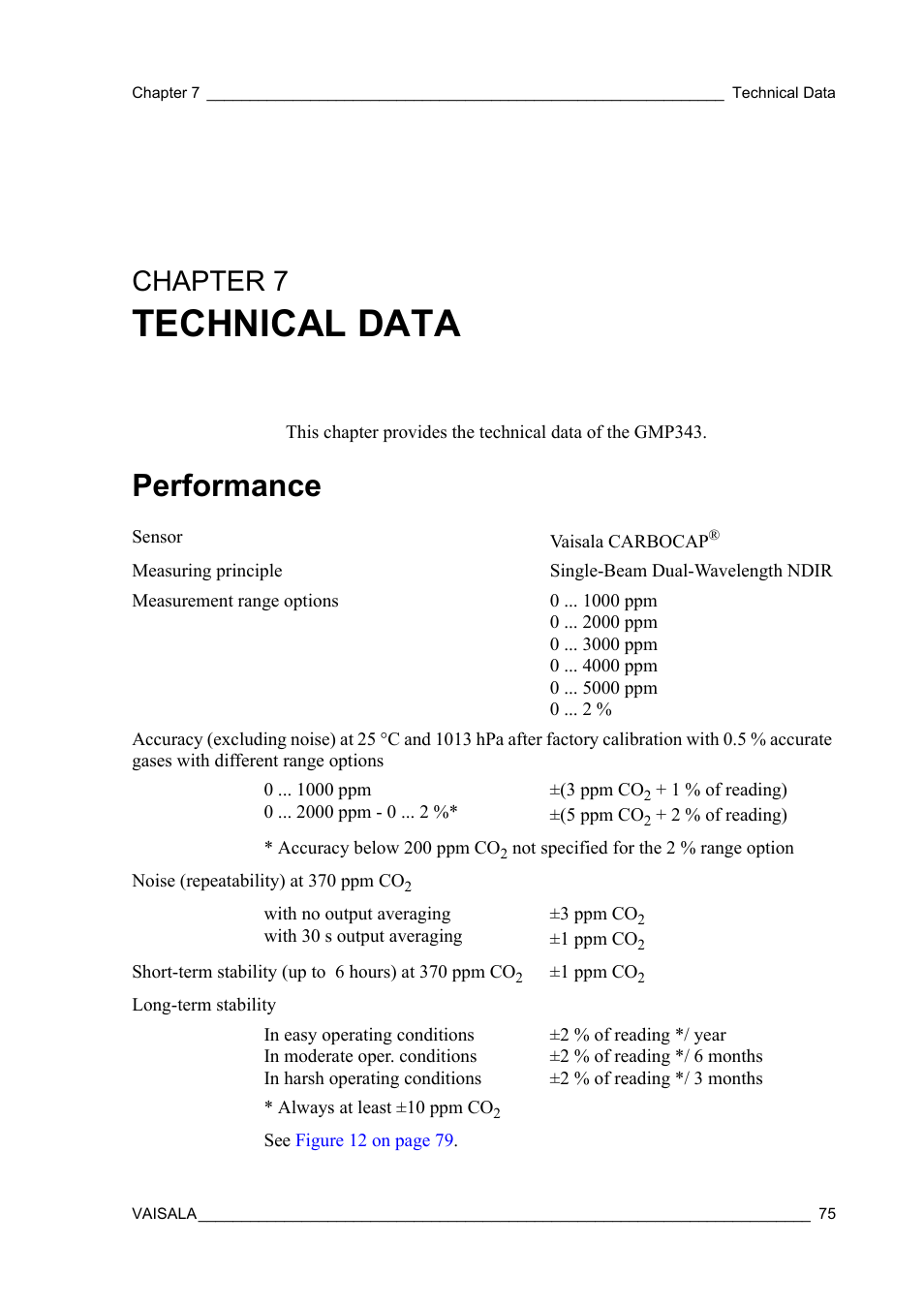 Chapter 7 technical data, Performance, Chapter 7 | Chapter 7, technical data: this chap, Technical data | Vaisala GMP343 User Manual | Page 77 / 94