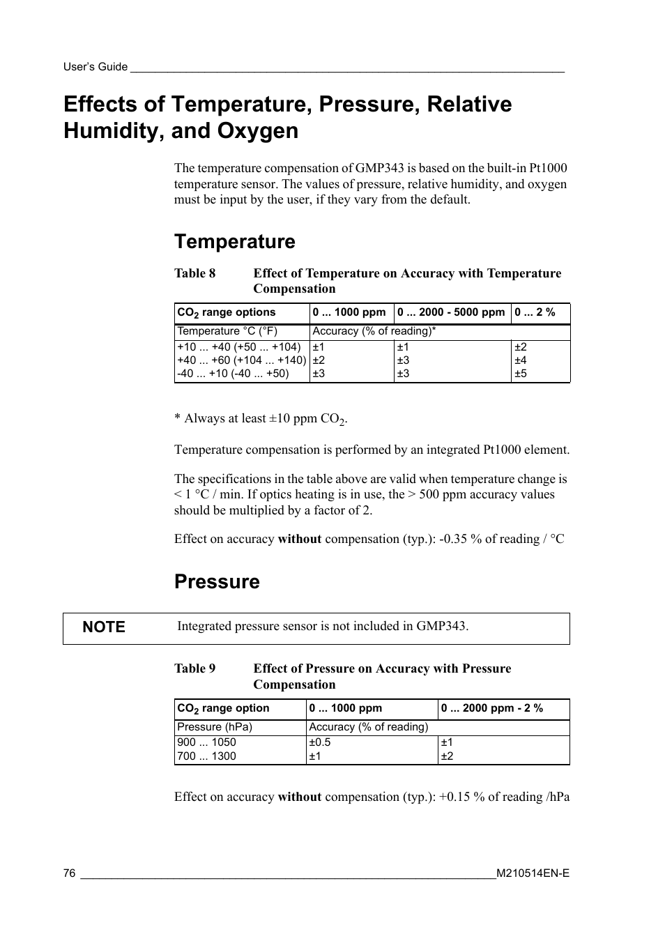 Temperature, Pressure, Temperature pressure | Table 8, Table 9 | Vaisala GMP343 User Manual | Page 78 / 94