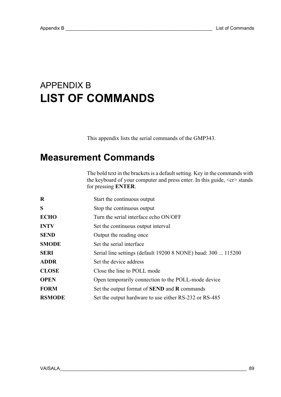 Appendix b list of commands, Measurement commands, Appendix b | Appendix b, list of commands, List of commands | Vaisala GMP343 User Manual | Page 91 / 94