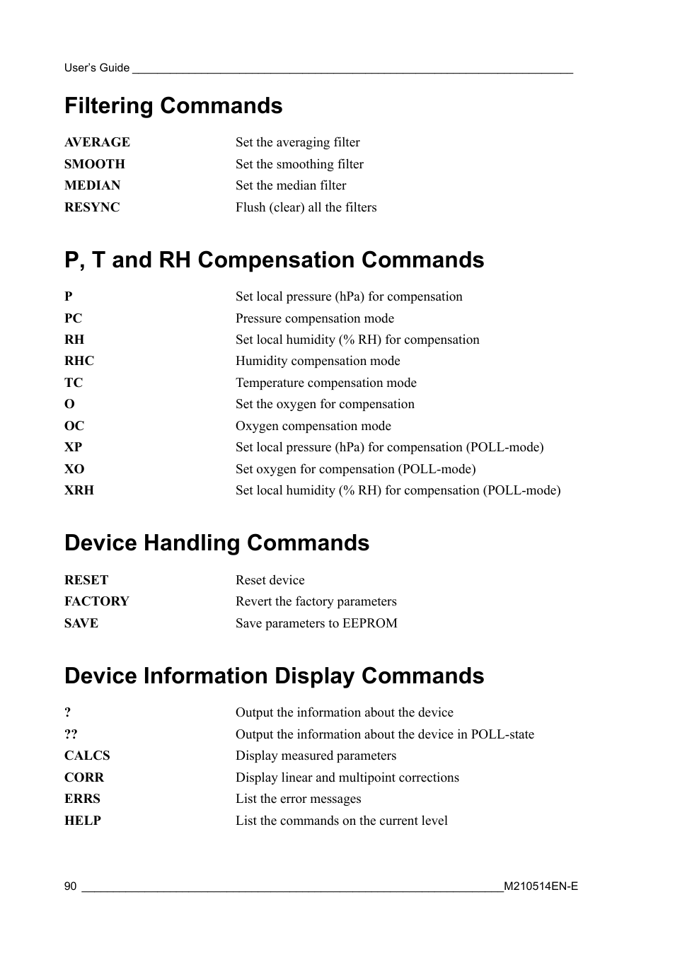 Filtering commands, P, t and rh compensation commands, Device handling commands | Device information display commands | Vaisala GMP343 User Manual | Page 92 / 94