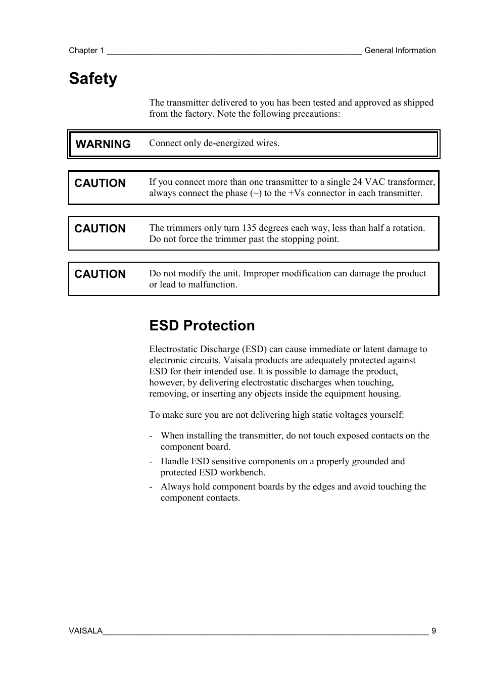 Safety, Esd protection | Vaisala GMW90 User Manual | Page 11 / 101