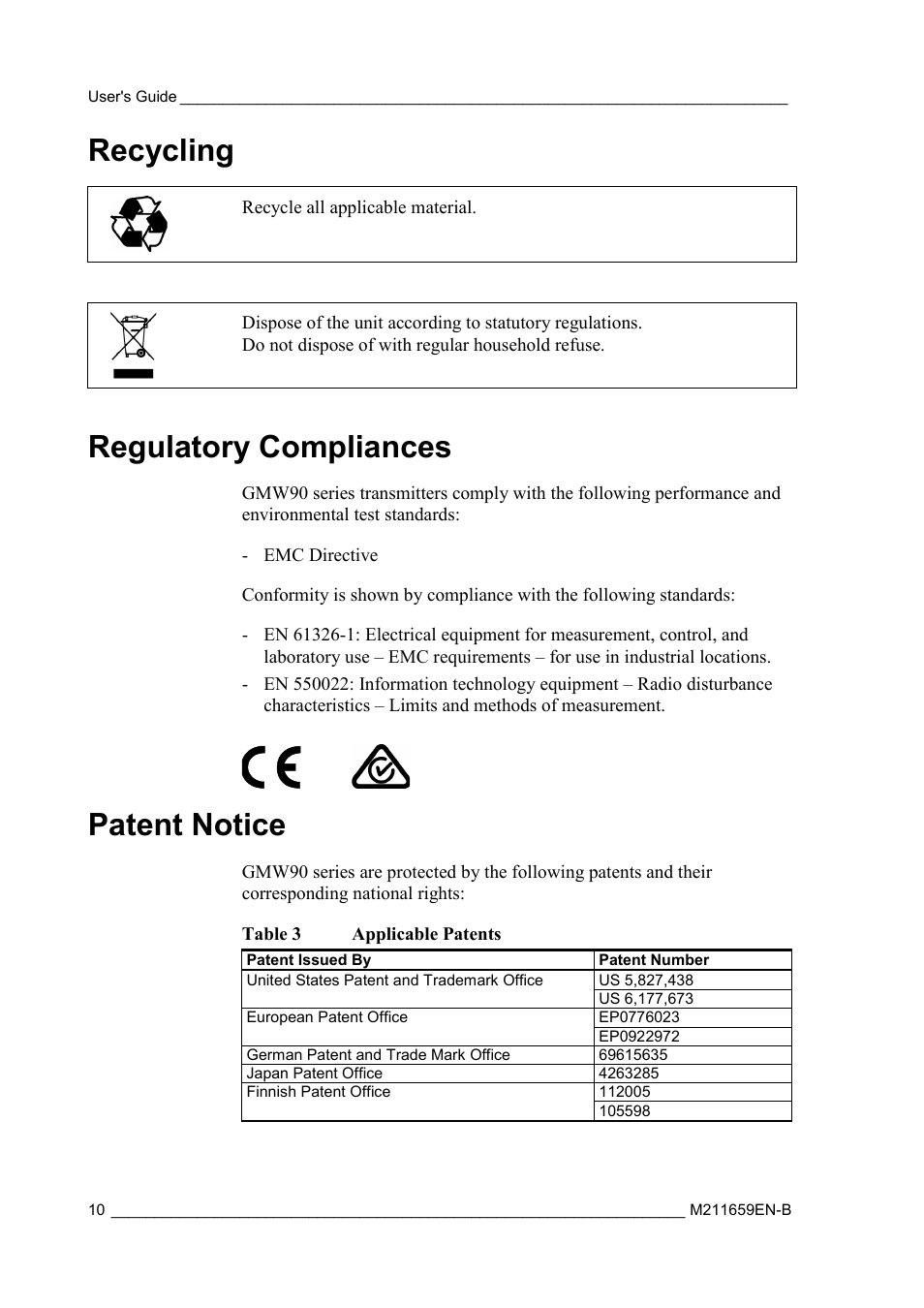 Recycling, Regulatory compliances, Patent notice | Vaisala GMW90 User Manual | Page 12 / 101