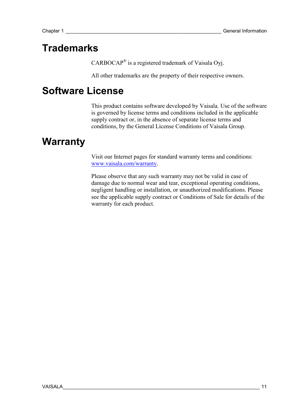 Trademarks, Software license, Warranty | Vaisala GMW90 User Manual | Page 13 / 101