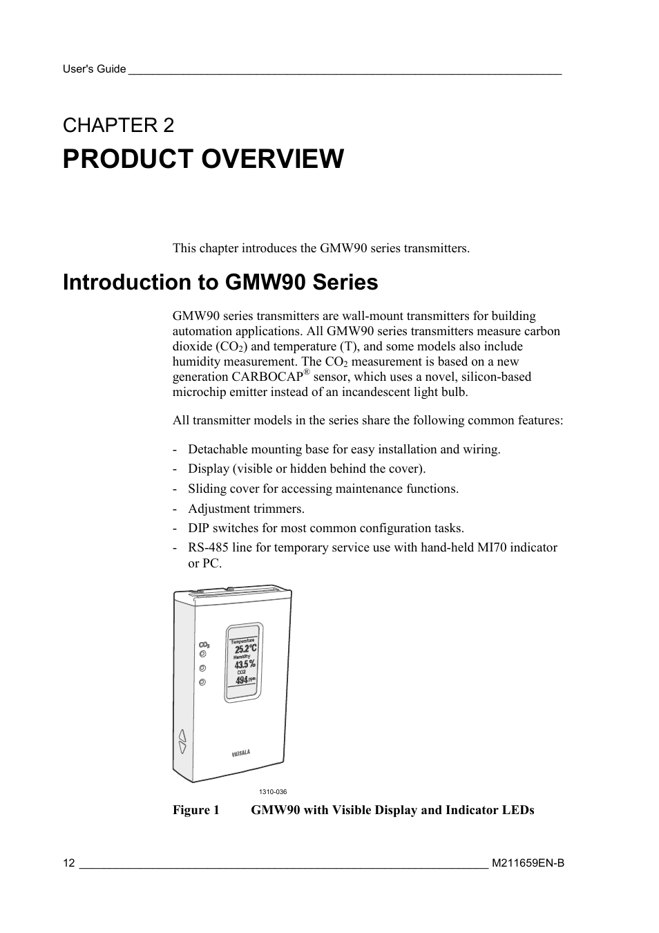 Product overview, Introduction to gmw90 series, Chapter 2 | Figure 1, Gmw90 with visible display and indicator leds, Chapter 2, product overview | Vaisala GMW90 User Manual | Page 14 / 101