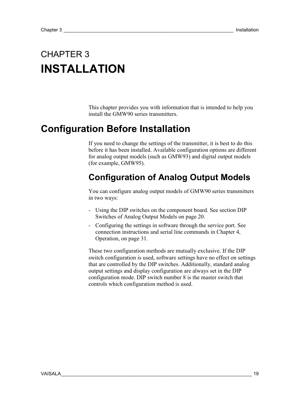 Installation, Configuration before installation, Configuration of analog output models | Chapter 3, Chapter 3, installation | Vaisala GMW90 User Manual | Page 21 / 101