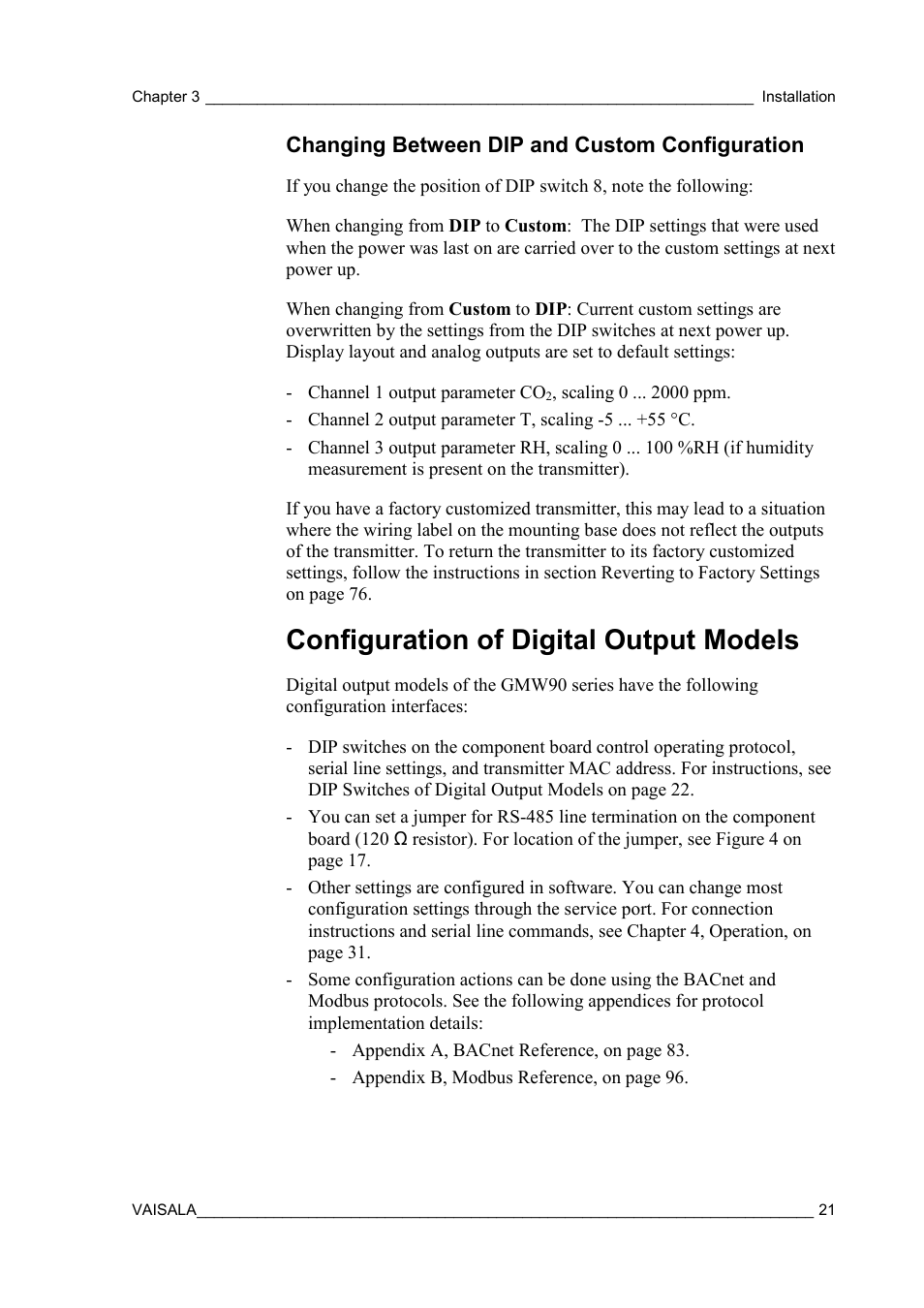 Changing between dip and custom configuration, Configuration of digital output models | Vaisala GMW90 User Manual | Page 23 / 101
