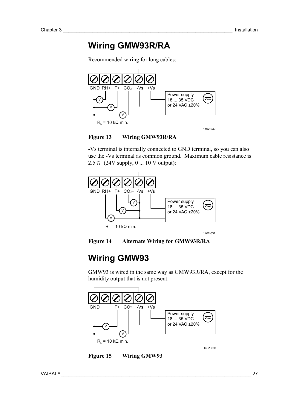 Wiring gmw93r/ra, Wiring gmw93, Figure 13 | Figure 14, Alternate wiring for gmw93r/ra, Figure 15, Recommended wiring for long cables, Figure 14 alternate wiring for gmw93r/ra, Figure 15 wiring gmw93 | Vaisala GMW90 User Manual | Page 29 / 101