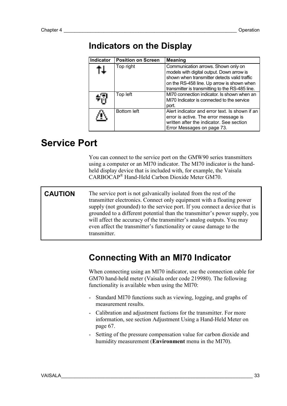 Indicators on the display, Service port, Connecting with an mi70 indicator | Caution | Vaisala GMW90 User Manual | Page 35 / 101