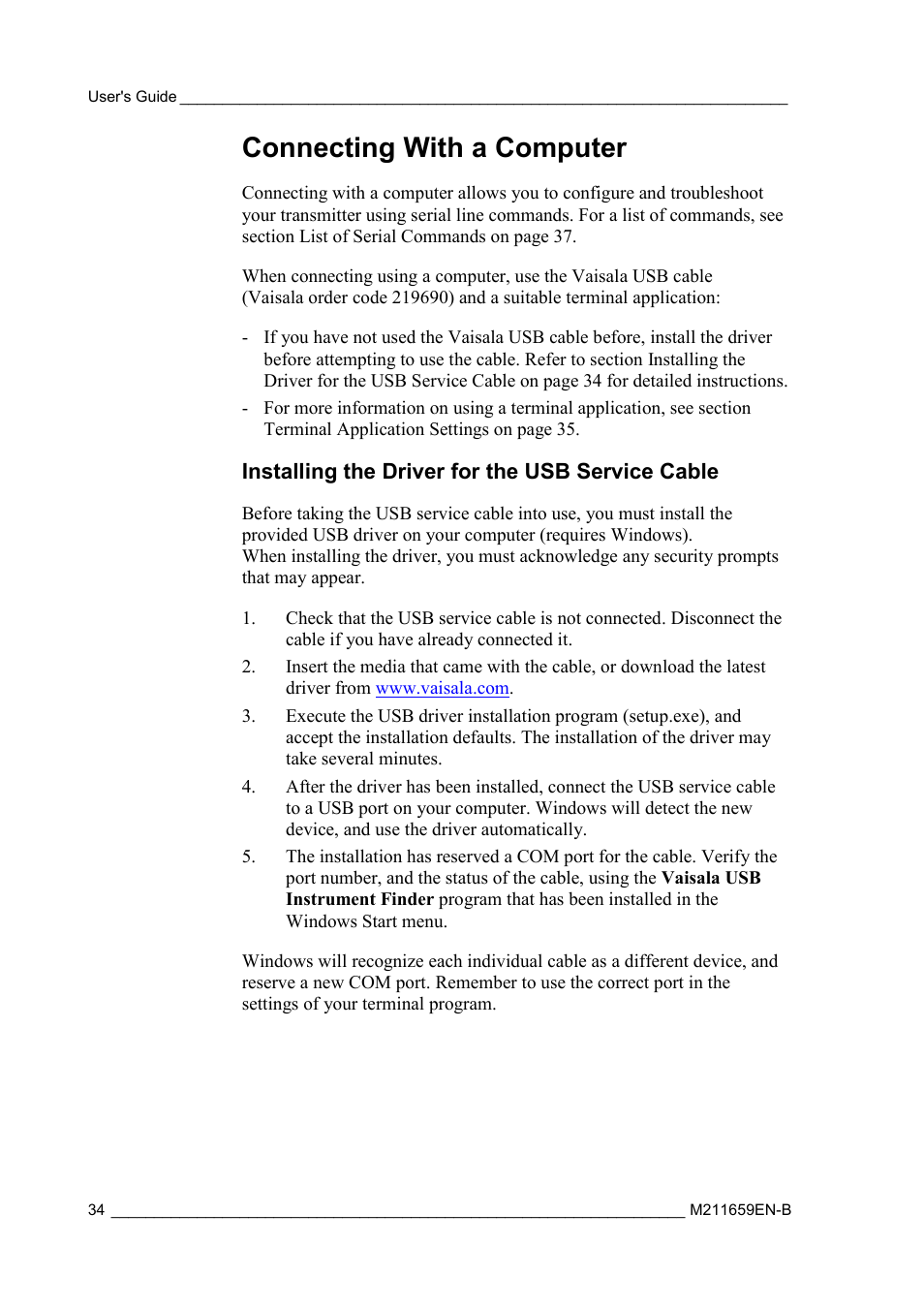 Connecting with a computer, Installing the driver for the usb service cable | Vaisala GMW90 User Manual | Page 36 / 101