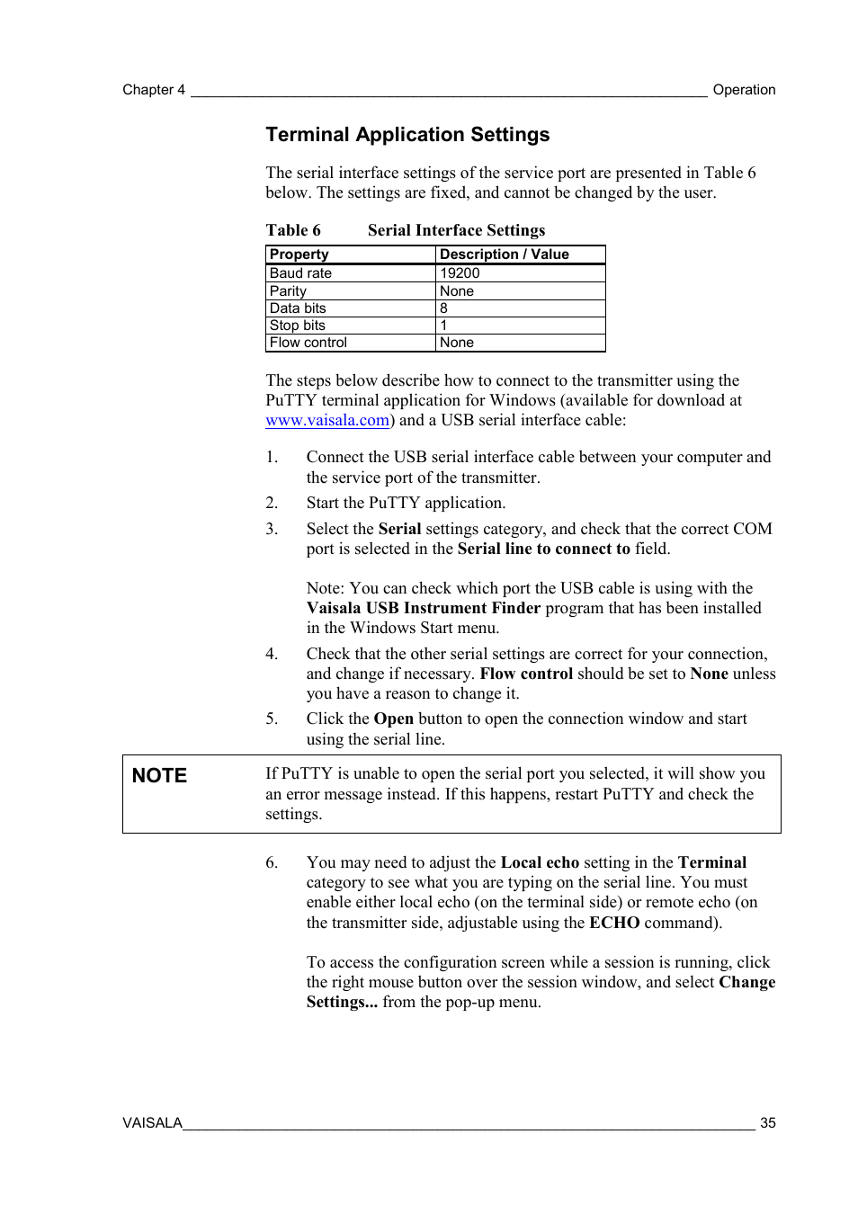 Terminal application settings | Vaisala GMW90 User Manual | Page 37 / 101