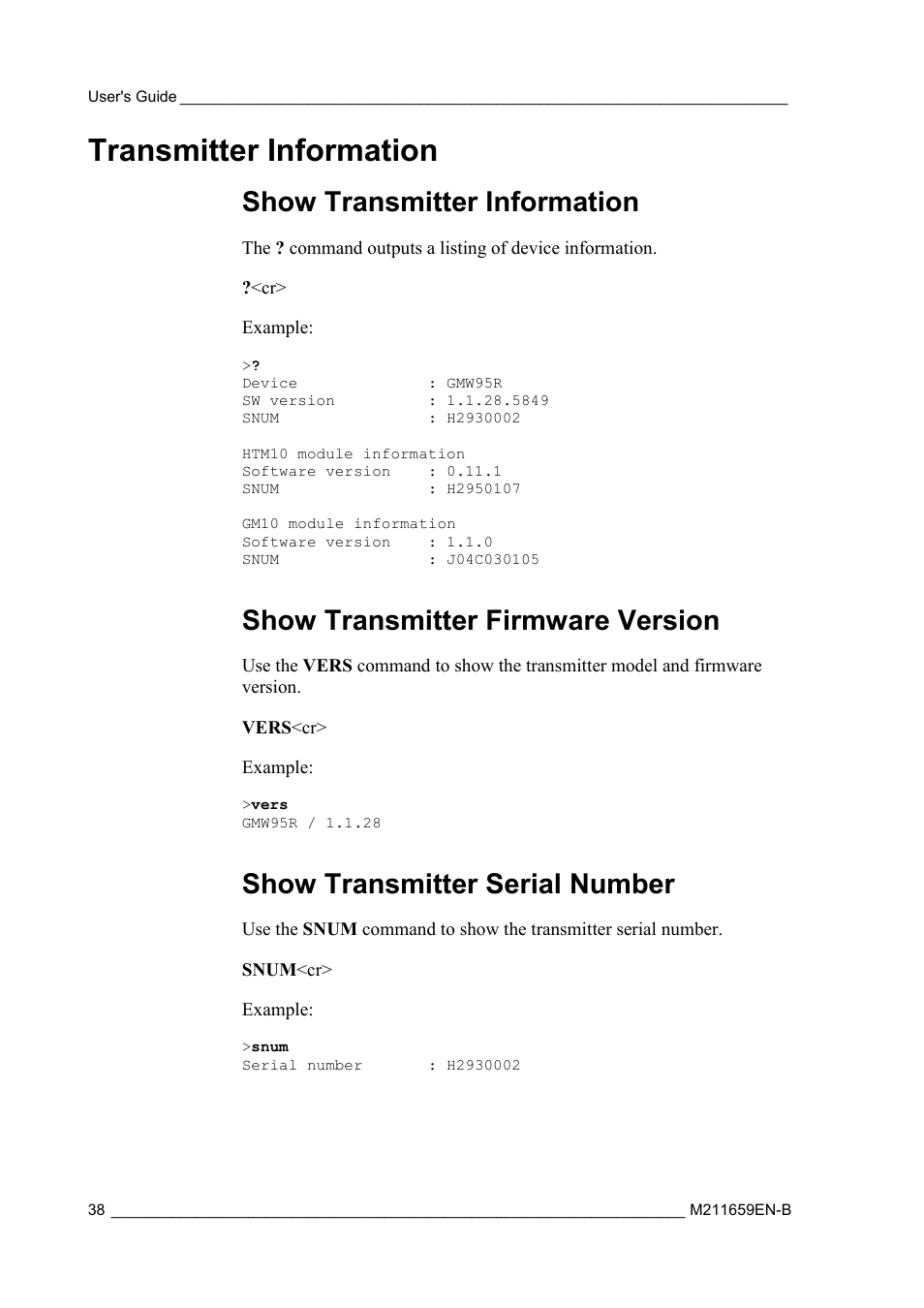 Transmitter information, Show transmitter information, Show transmitter firmware version | Show transmitter serial number | Vaisala GMW90 User Manual | Page 40 / 101