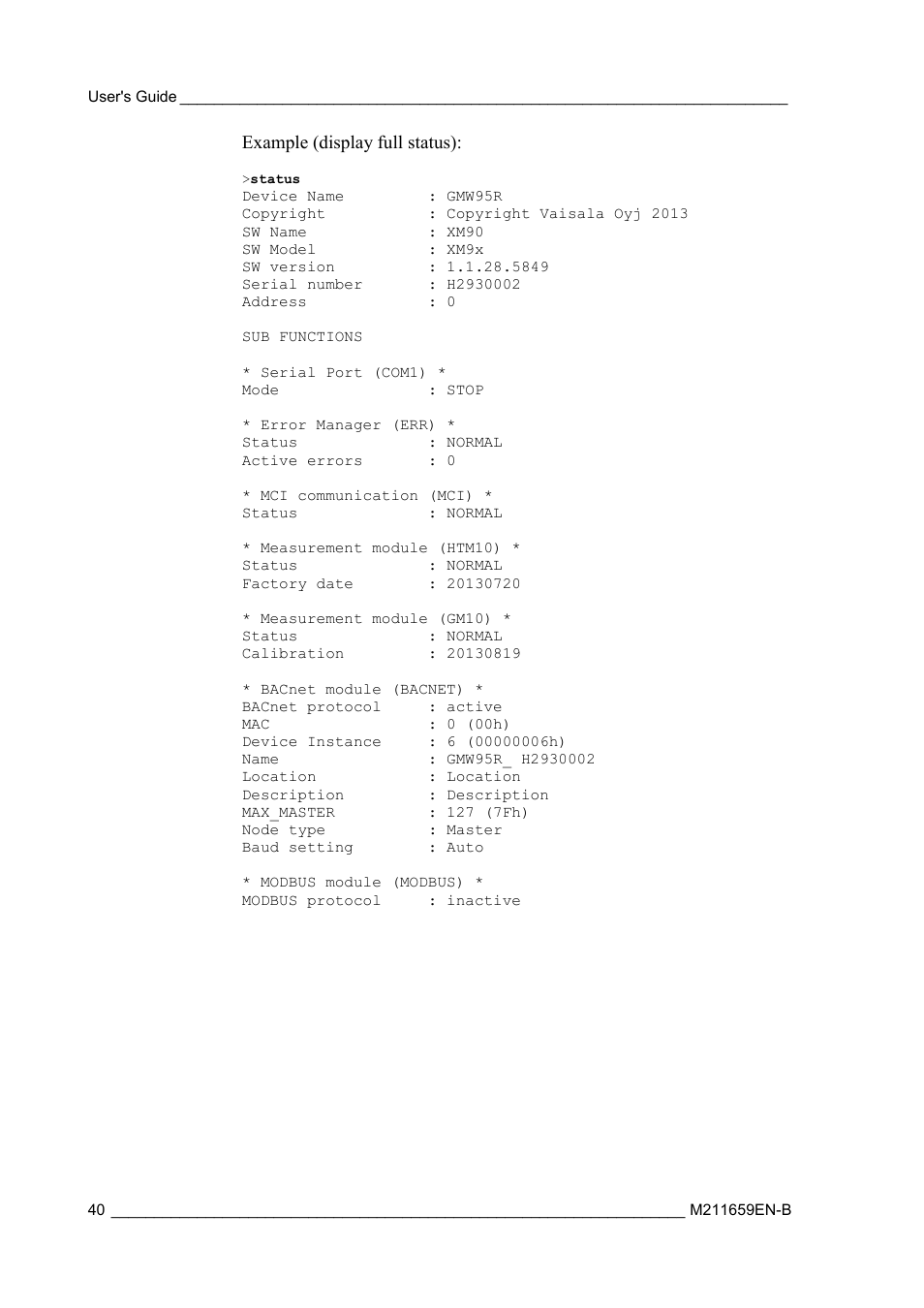 Example (display full status) | Vaisala GMW90 User Manual | Page 42 / 101