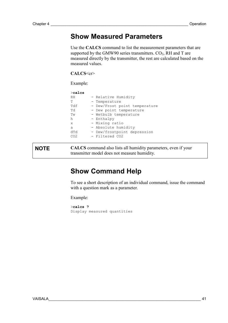 Show measured parameters, Show command help | Vaisala GMW90 User Manual | Page 43 / 101
