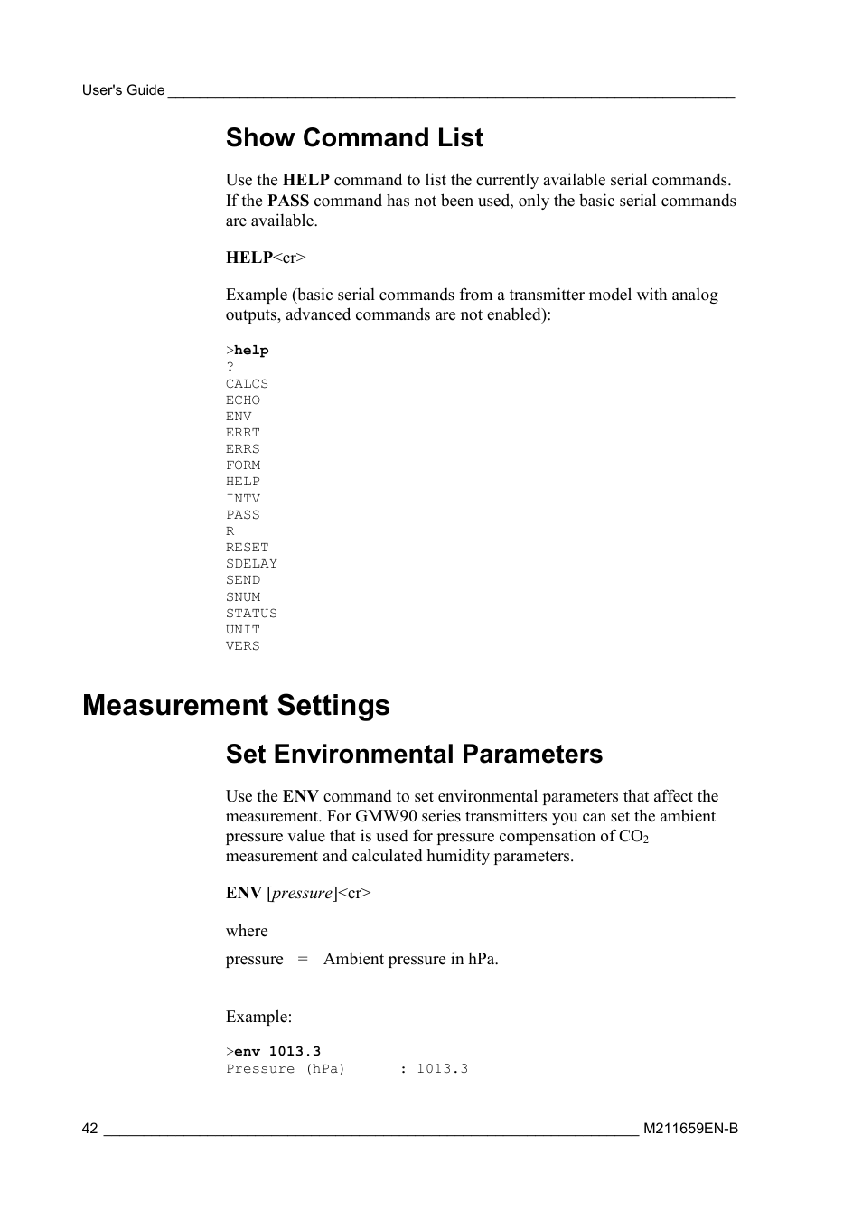 Show command list, Measurement settings, Set environmental parameters | Vaisala GMW90 User Manual | Page 44 / 101