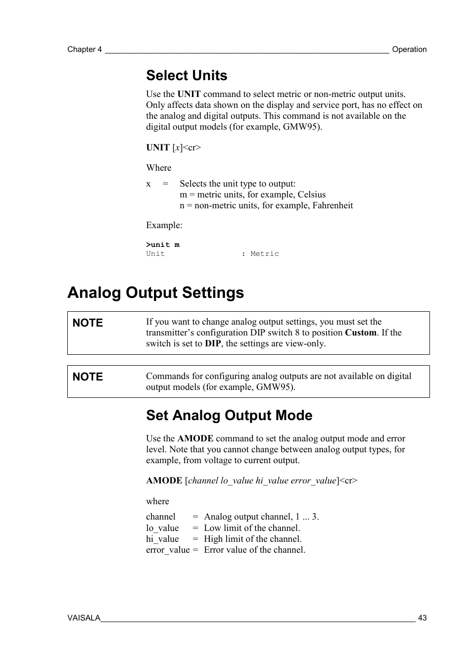 Select units, Analog output settings, Set analog output mode | Vaisala GMW90 User Manual | Page 45 / 101