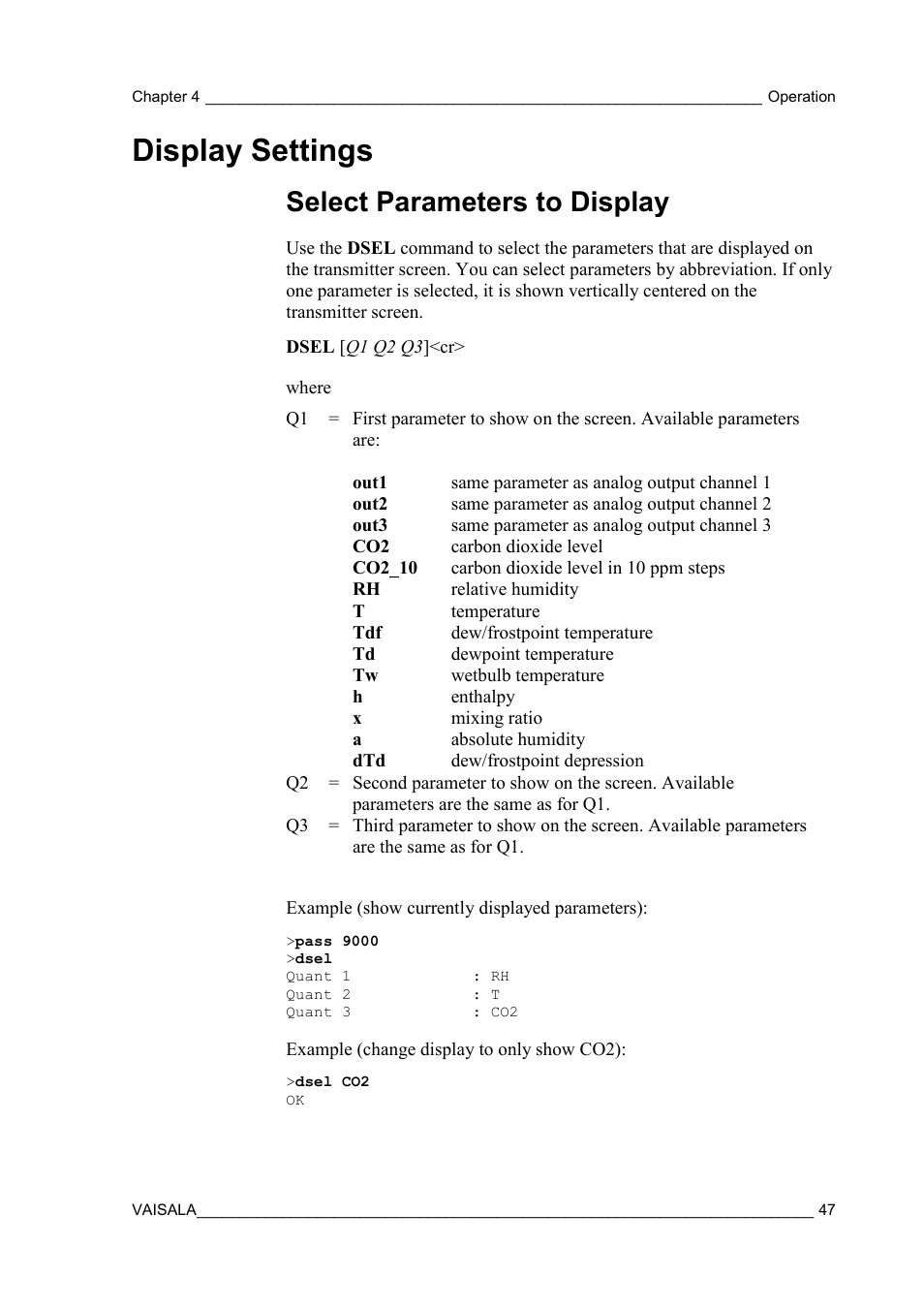 Display settings, Select parameters to display | Vaisala GMW90 User Manual | Page 49 / 101