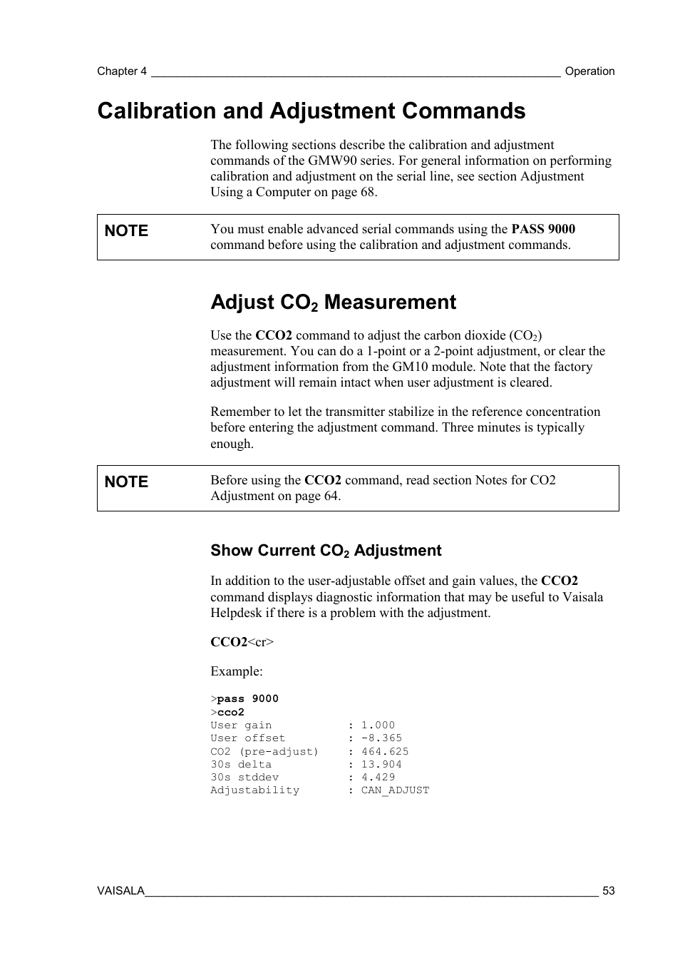 Calibration and adjustment commands, Adjust co2 measurement, Show current co2 adjustment | Adjust co, Measurement, Show current co, Adjustment | Vaisala GMW90 User Manual | Page 55 / 101