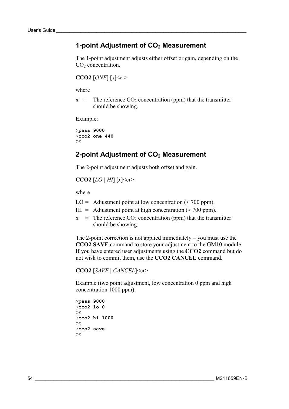 Point adjustment of co2 measurement, Point adjustment of co, Measurement | Vaisala GMW90 User Manual | Page 56 / 101