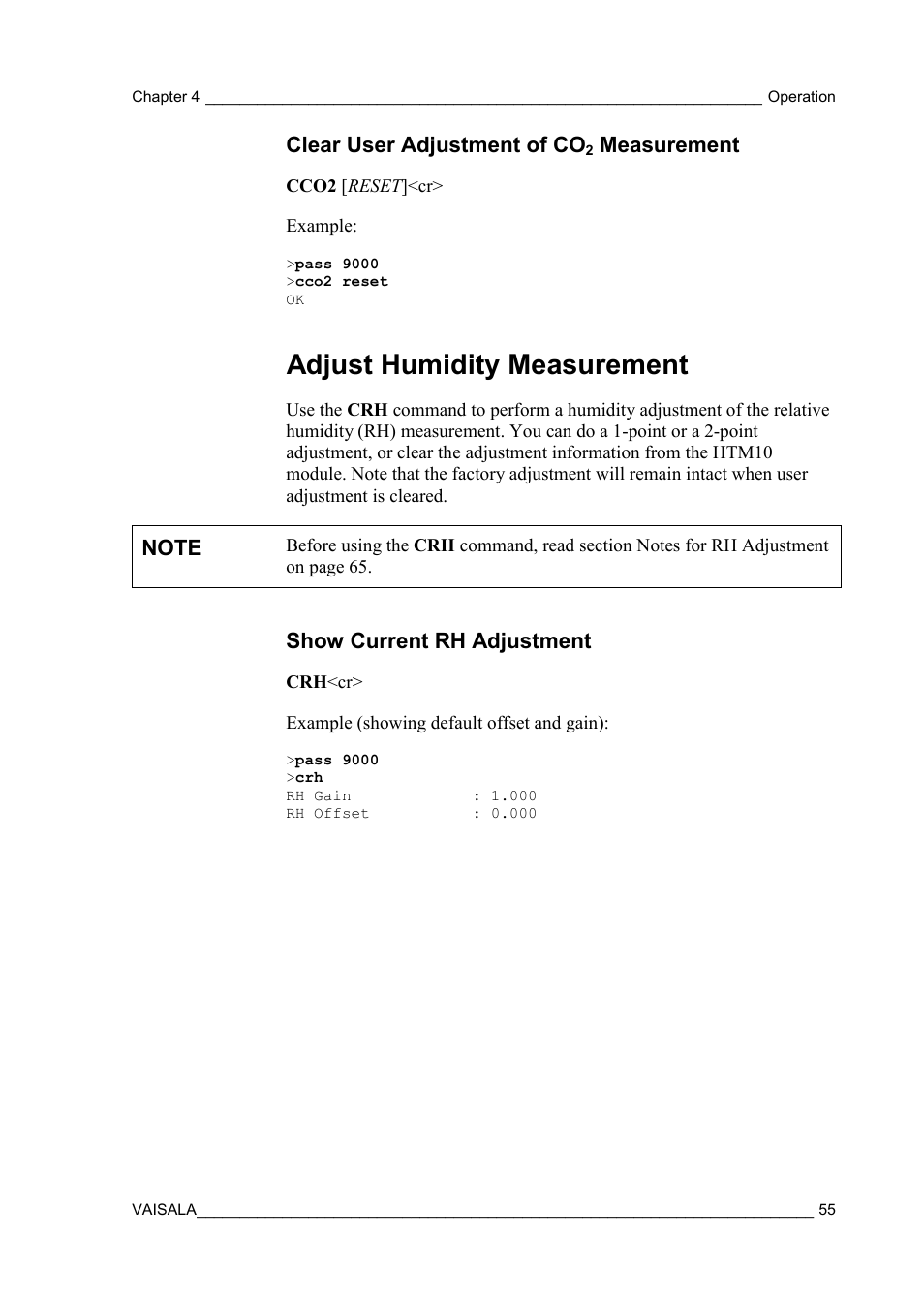 Clear user adjustment of co2 measurement, Adjust humidity measurement, Show current rh adjustment | Clear user adjustment of co, Measurement | Vaisala GMW90 User Manual | Page 57 / 101