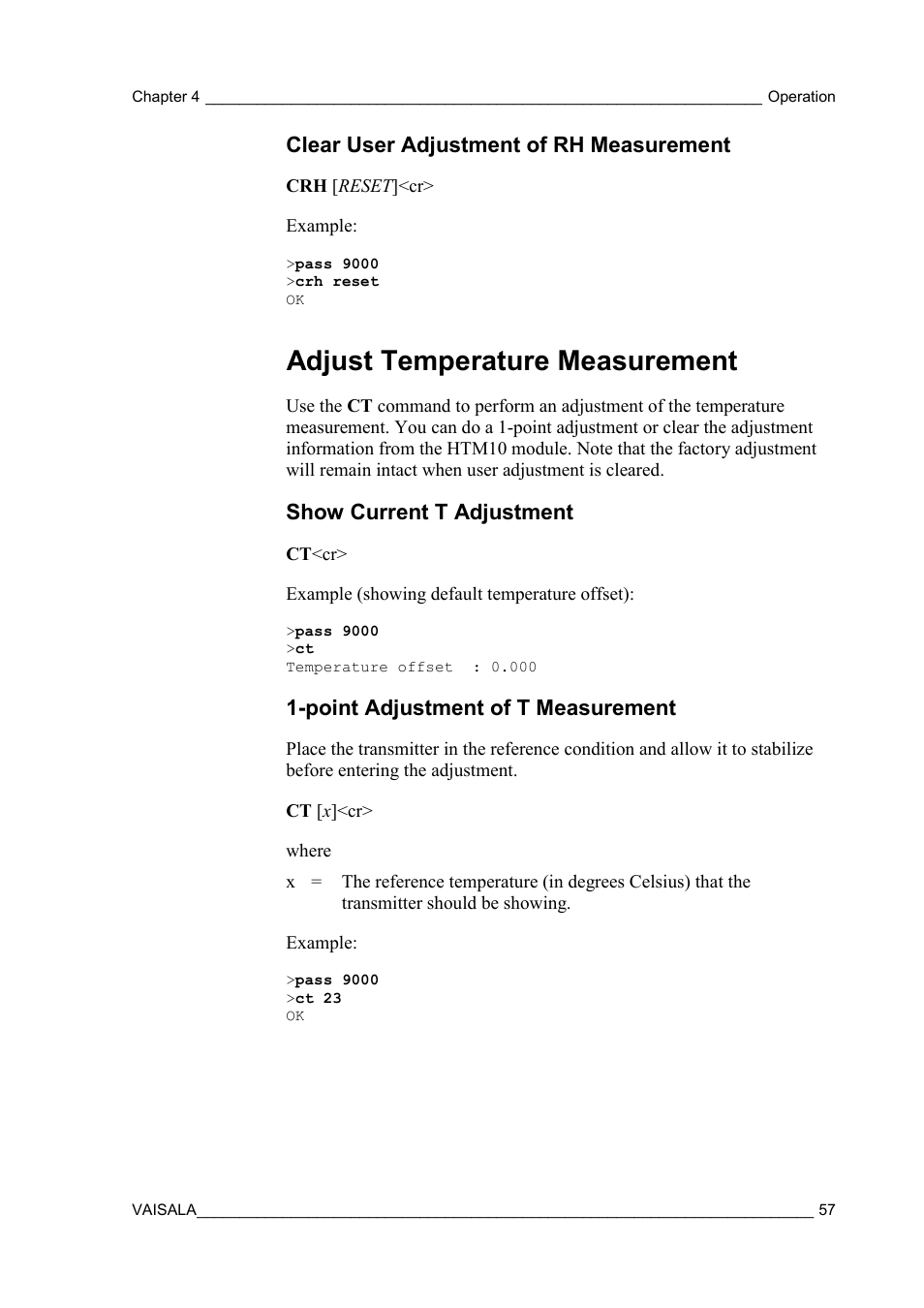 Clear user adjustment of rh measurement, Adjust temperature measurement, Show current t adjustment | Point adjustment of t measurement | Vaisala GMW90 User Manual | Page 59 / 101