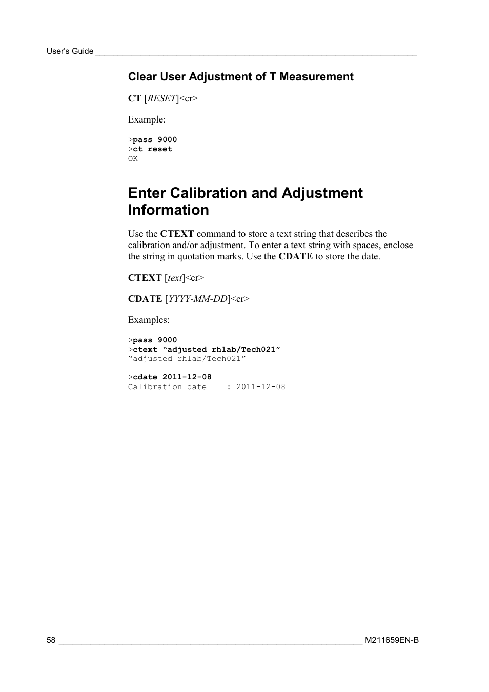 Clear user adjustment of t measurement, Enter calibration and adjustment information | Vaisala GMW90 User Manual | Page 60 / 101