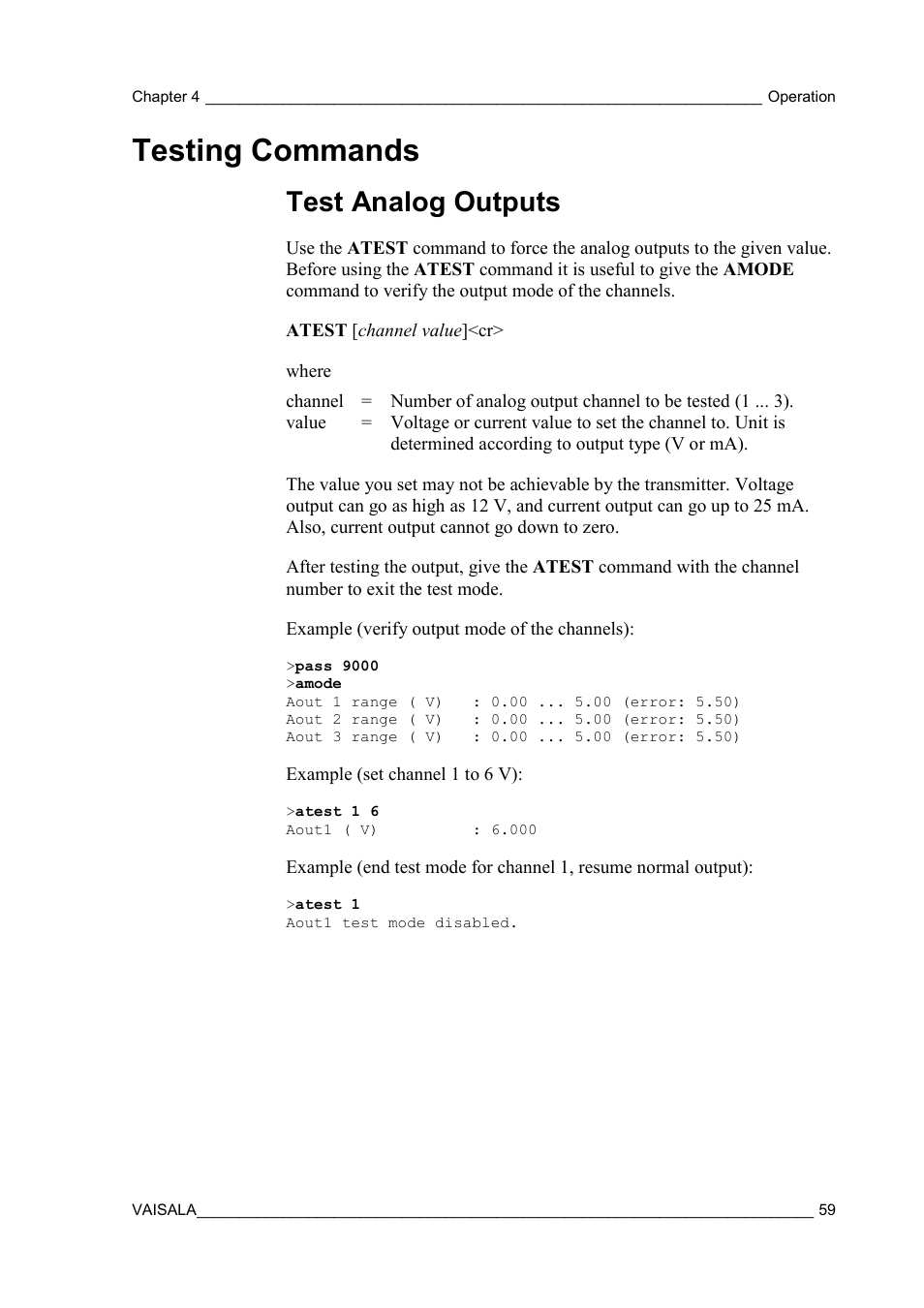 Testing commands, Test analog outputs | Vaisala GMW90 User Manual | Page 61 / 101