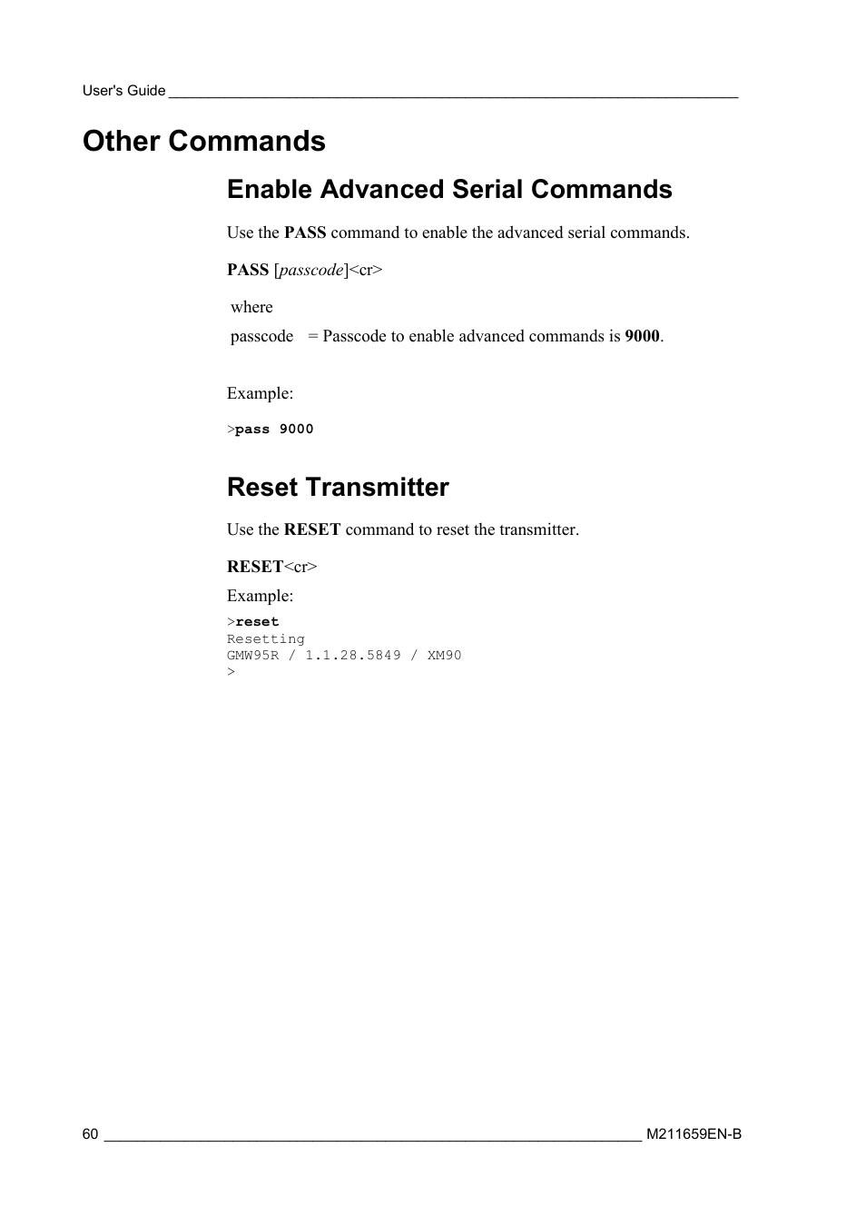 Other commands, Enable advanced serial commands, Reset transmitter | Vaisala GMW90 User Manual | Page 62 / 101