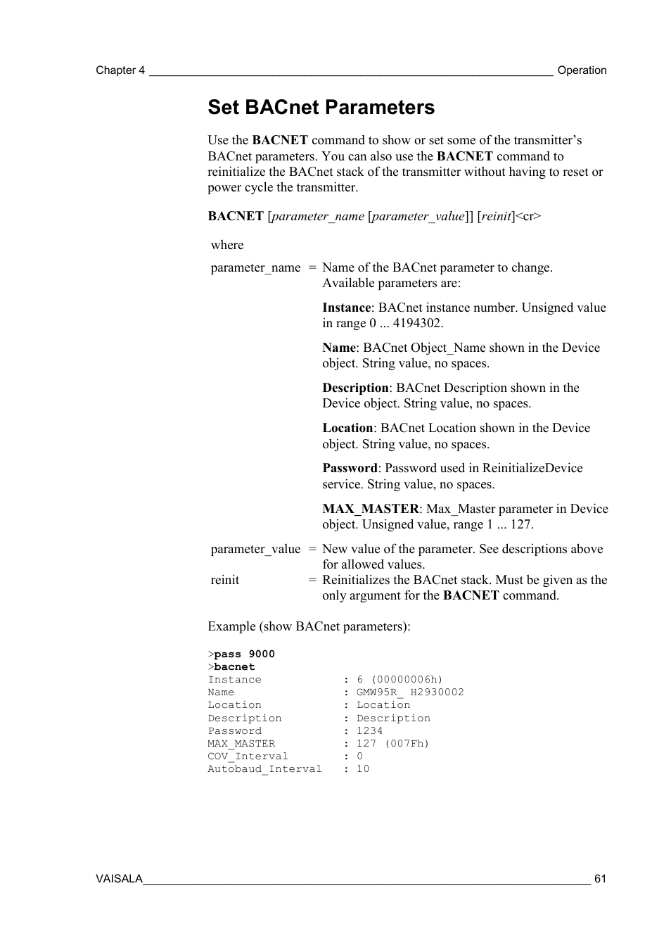 Set bacnet parameters | Vaisala GMW90 User Manual | Page 63 / 101