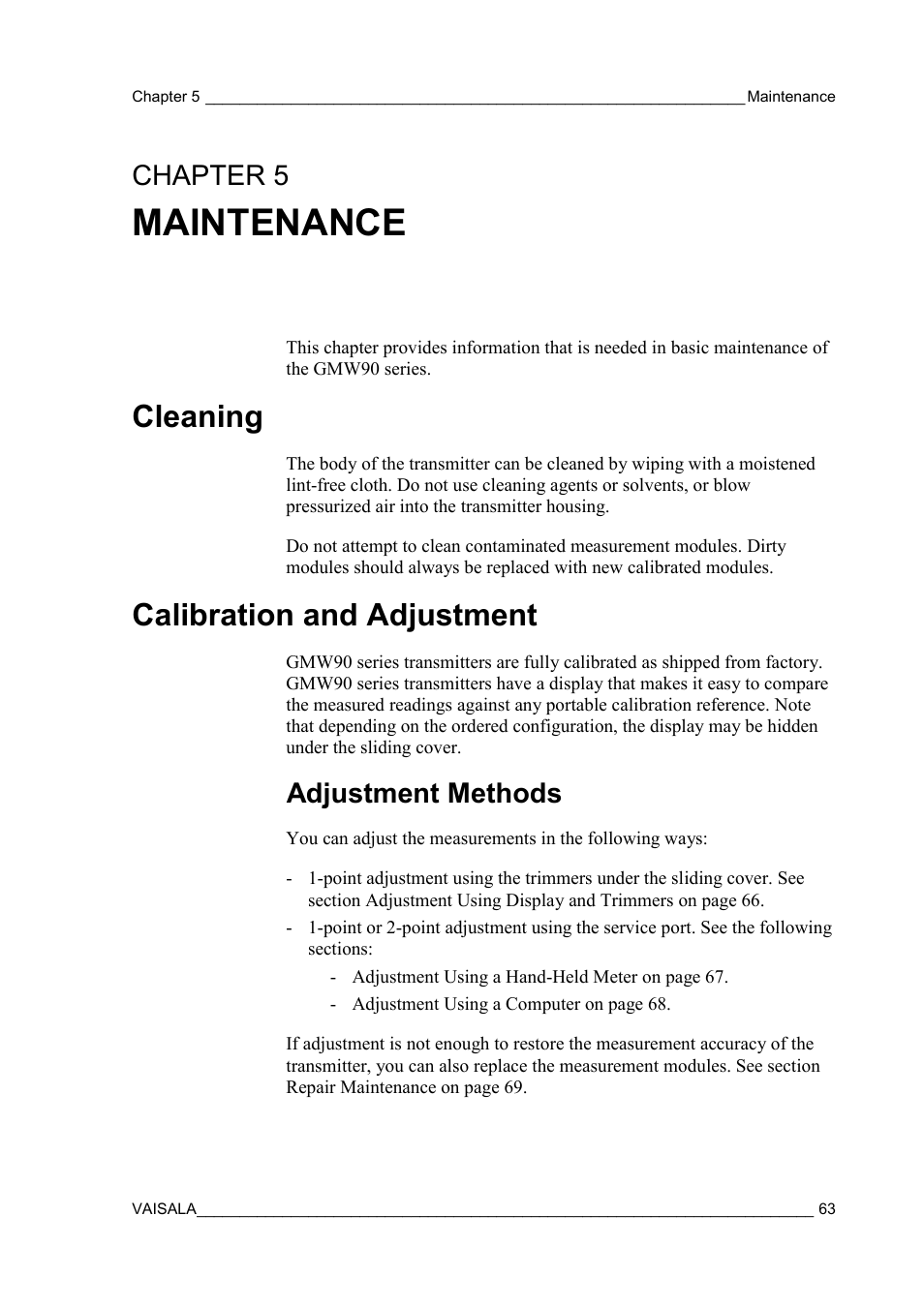 Maintenance, Cleaning, Calibration and adjustment | Adjustment methods, Chapter 5, Chapter 5, maintenance | Vaisala GMW90 User Manual | Page 65 / 101