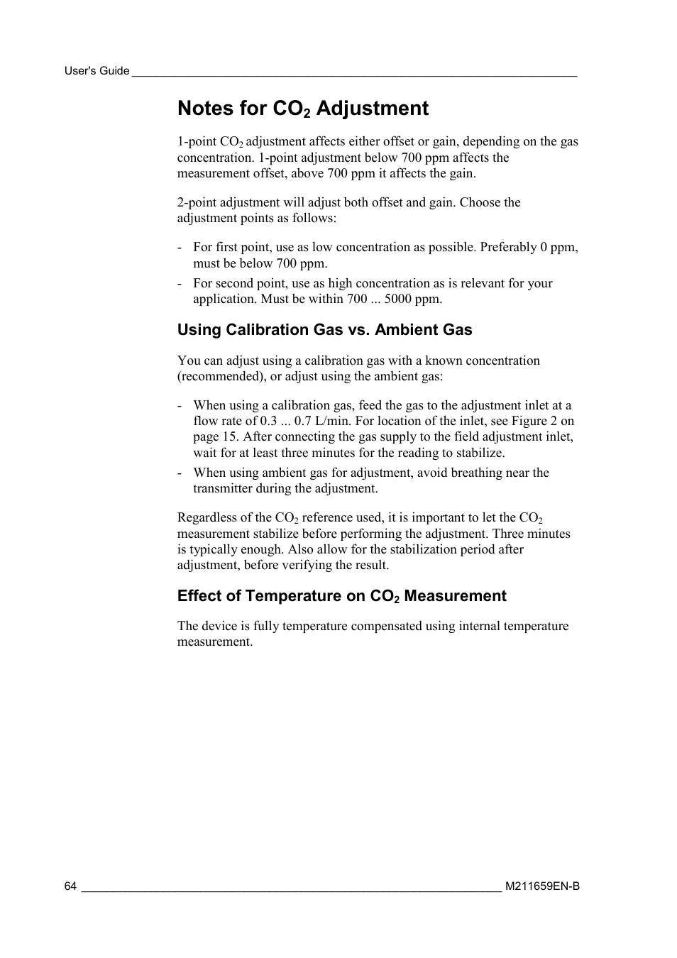 Notes for co2 adjustment, Using calibration gas vs. ambient gas, Effect of temperature on co2 measurement | Notes for co, Adjustment, Effect of temperature on co, Measurement, Notes for co2 | Vaisala GMW90 User Manual | Page 66 / 101