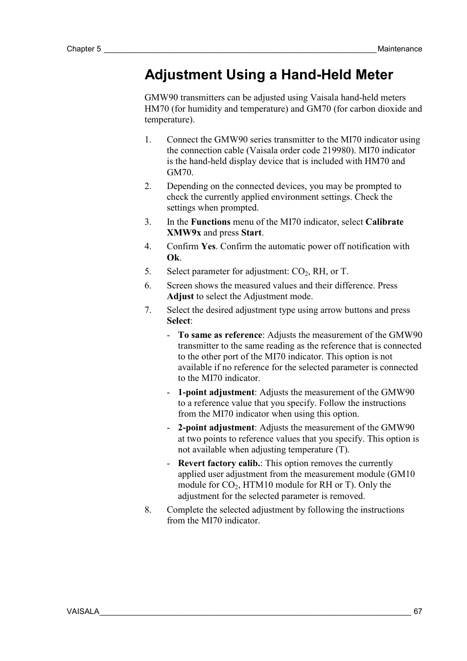 Adjustment using a hand-held meter | Vaisala GMW90 User Manual | Page 69 / 101