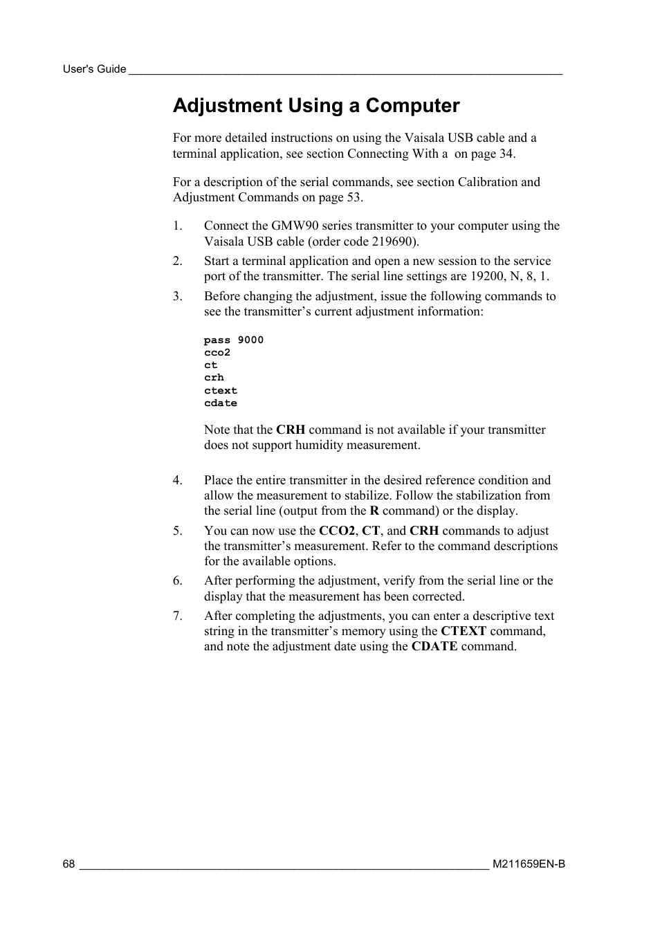 Adjustment using a computer, Adjustment, Using a computer | Vaisala GMW90 User Manual | Page 70 / 101