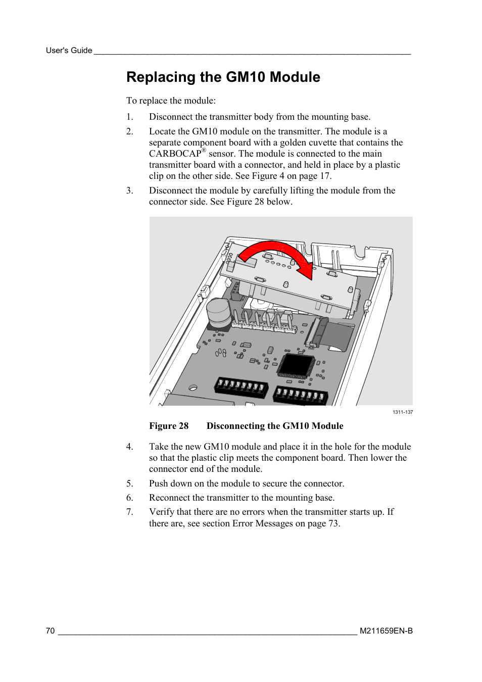 Replacing the gm10 module, Figure 28, Disconnecting the gm10 module | Vaisala GMW90 User Manual | Page 72 / 101