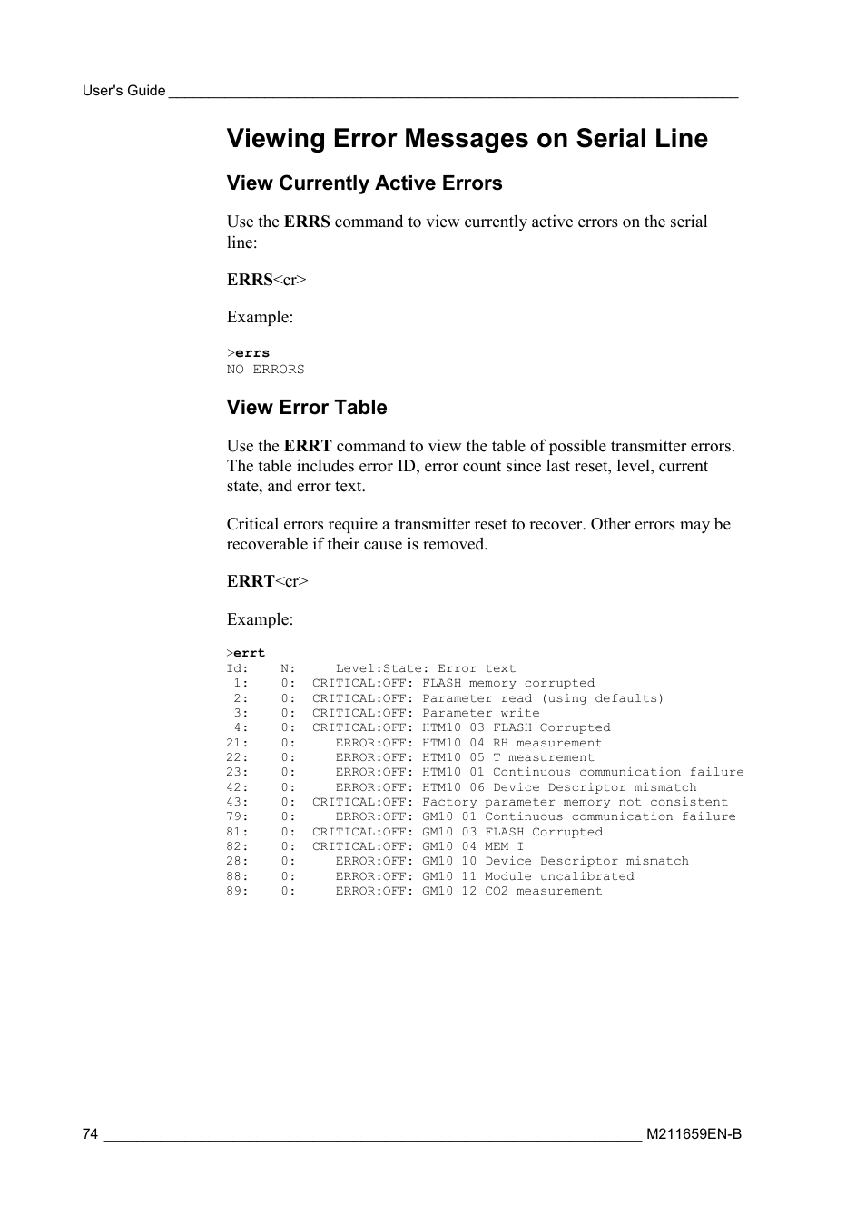 Viewing error messages on serial line, View currently active errors, View error table | Vaisala GMW90 User Manual | Page 76 / 101