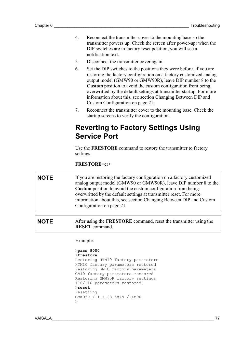 Reverting to factory settings using service port | Vaisala GMW90 User Manual | Page 79 / 101